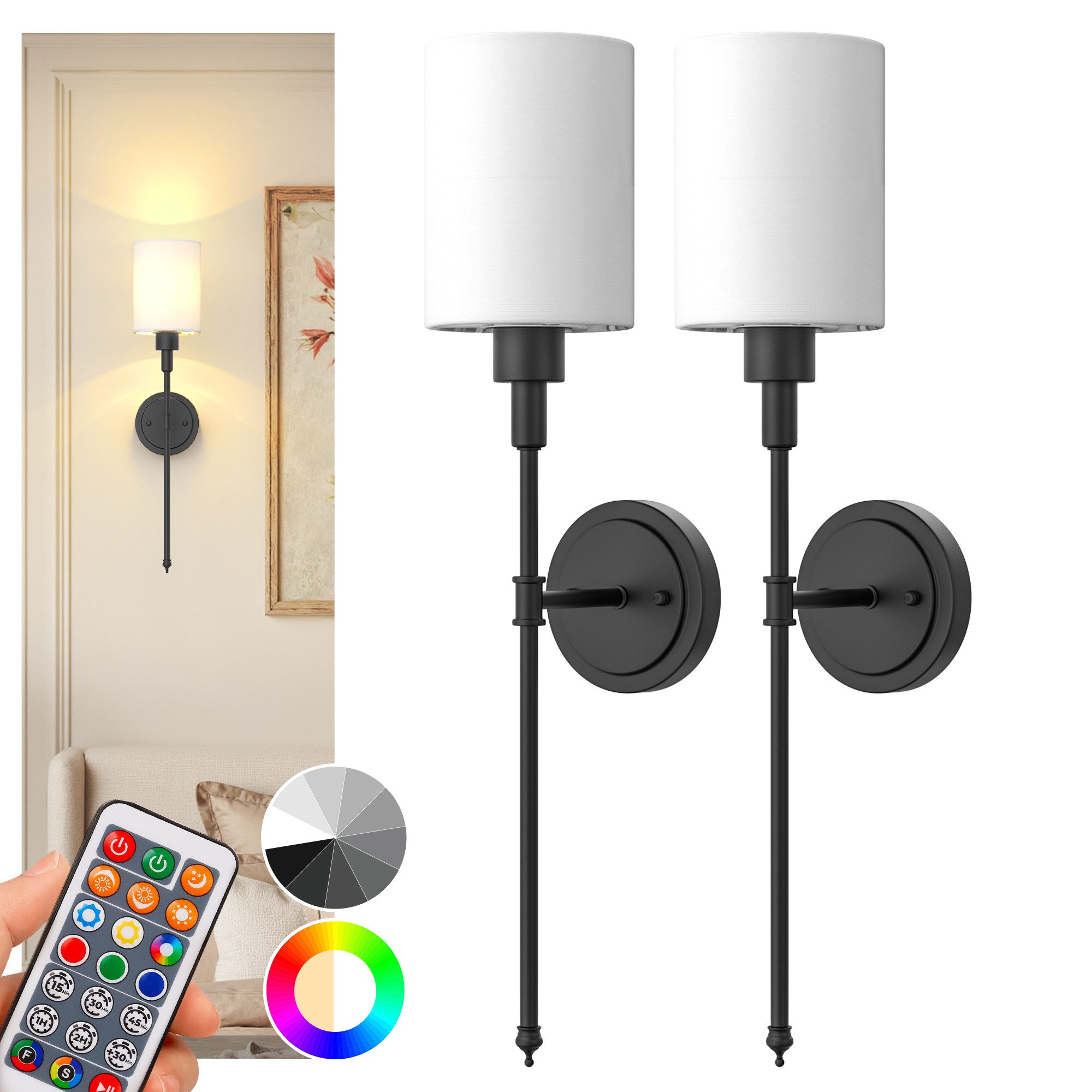 LOHAS-LED Wandleuchte 2er-Set Kabellose Stoff-Wandleuchten mit Akku, 3600 mAh, LED wechselbar, warmweiß bis kaltweiß + bunte Farben, RGBCW dimmbar, IR-Fernbedienung, E26 Sockel