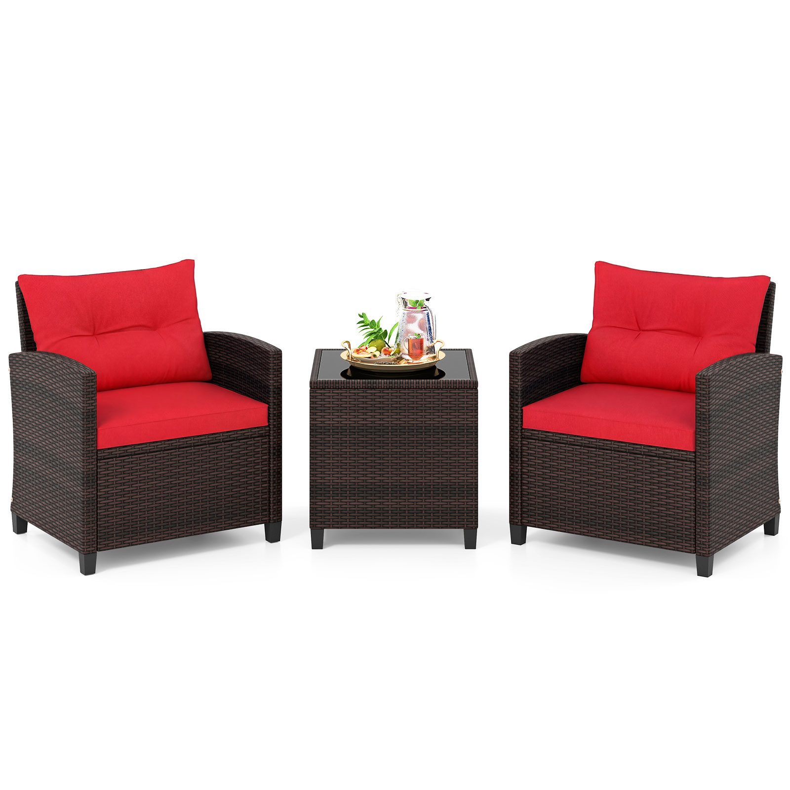 COSTWAY Gartenlounge-Set, (3-tlg., 2 Sessel & 1 Tisch), Rattan mit Kissen, Balkonset