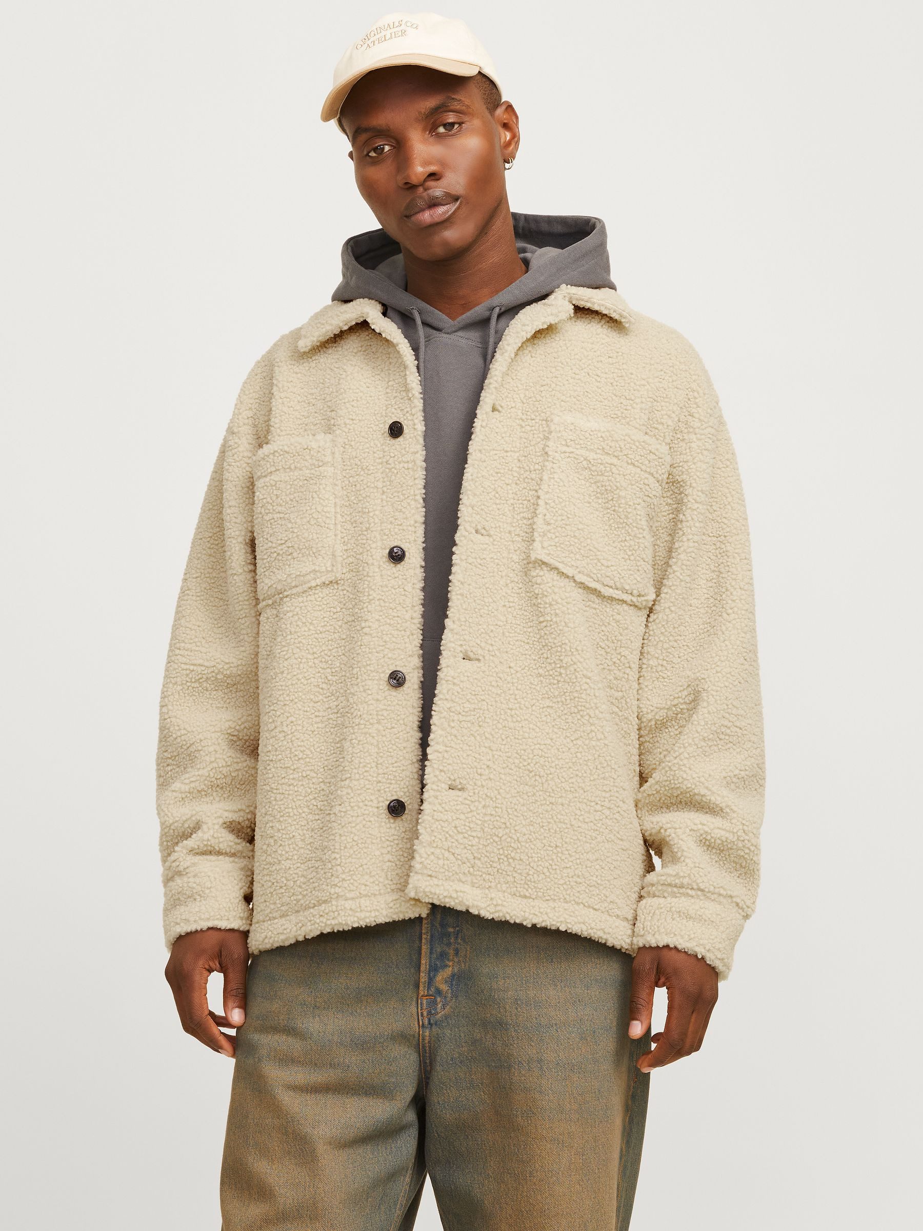 Jack & Jones Blouson Teddy Design mit Karomuster und Knopfverschluss JORNEWTON TEDDY OVERSHIRT LS LN