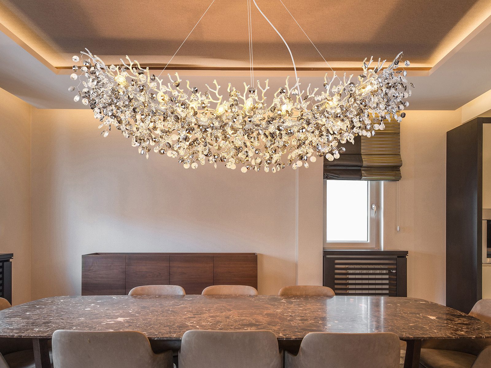 GLOBO LIGHTING LED Kronleuchter mit Kristall 2-farbig Breite 150cm, Dimmfunktion, LED wechselbar, Warmweiß, ausgefallene Pendelleuchte groß für Esstisch, Esszimmer-Lampe hängend