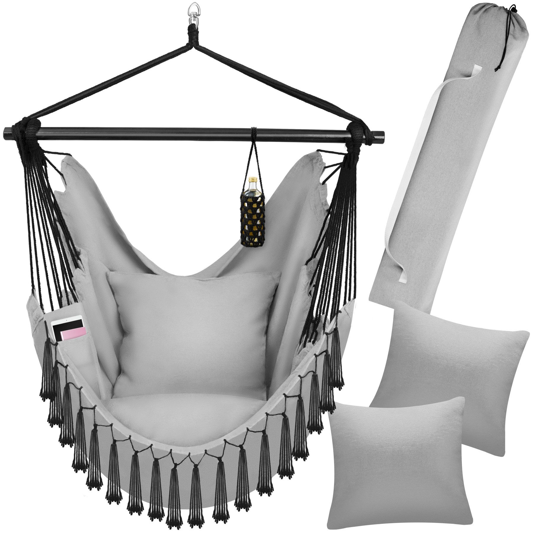 tectake Hängesessel Hängeschaukel, Belastbarkeit 150 kg, ca. 100 x 150 x 150 cm (Hängestuhl Malika, in Grau), dicke Kissen, mit Bücherfach & Flaschenhalterung, inkl. Tragetasche