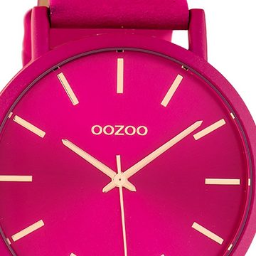 OOZOO Quarzuhr Oozoo Damen Armbanduhr fuchsia, (Analoguhr), Damenuhr rund, groß (ca. 42mm), Lederarmband violett, fuchsia, Fashion
