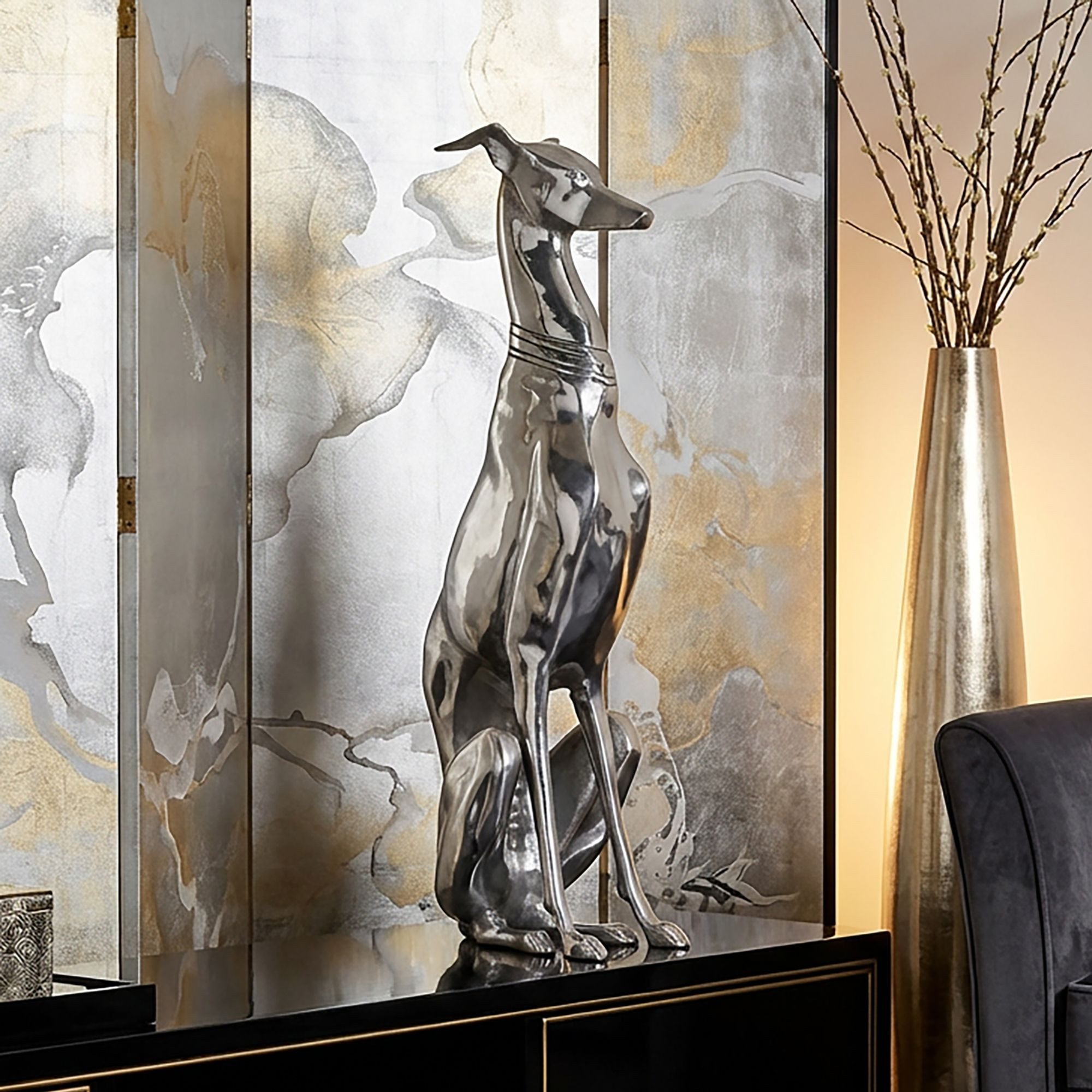 FINEBUY Tierfigur FB37863 Deko Design Dog aus Aluminium silbern Windhund Skulptur (Hundefigur Groß, Skulptur Hundestatue Dekoration), Windhund 18x70x25cm Aluminium Metall Silber Modern
