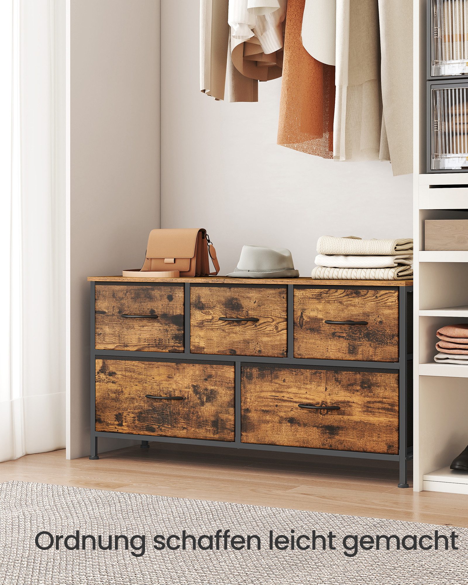 SONGMICS Kommode Schrank, Aufbewahrungsschrank, Stahl, MDF, Vliesstoff, für Schlafzimme