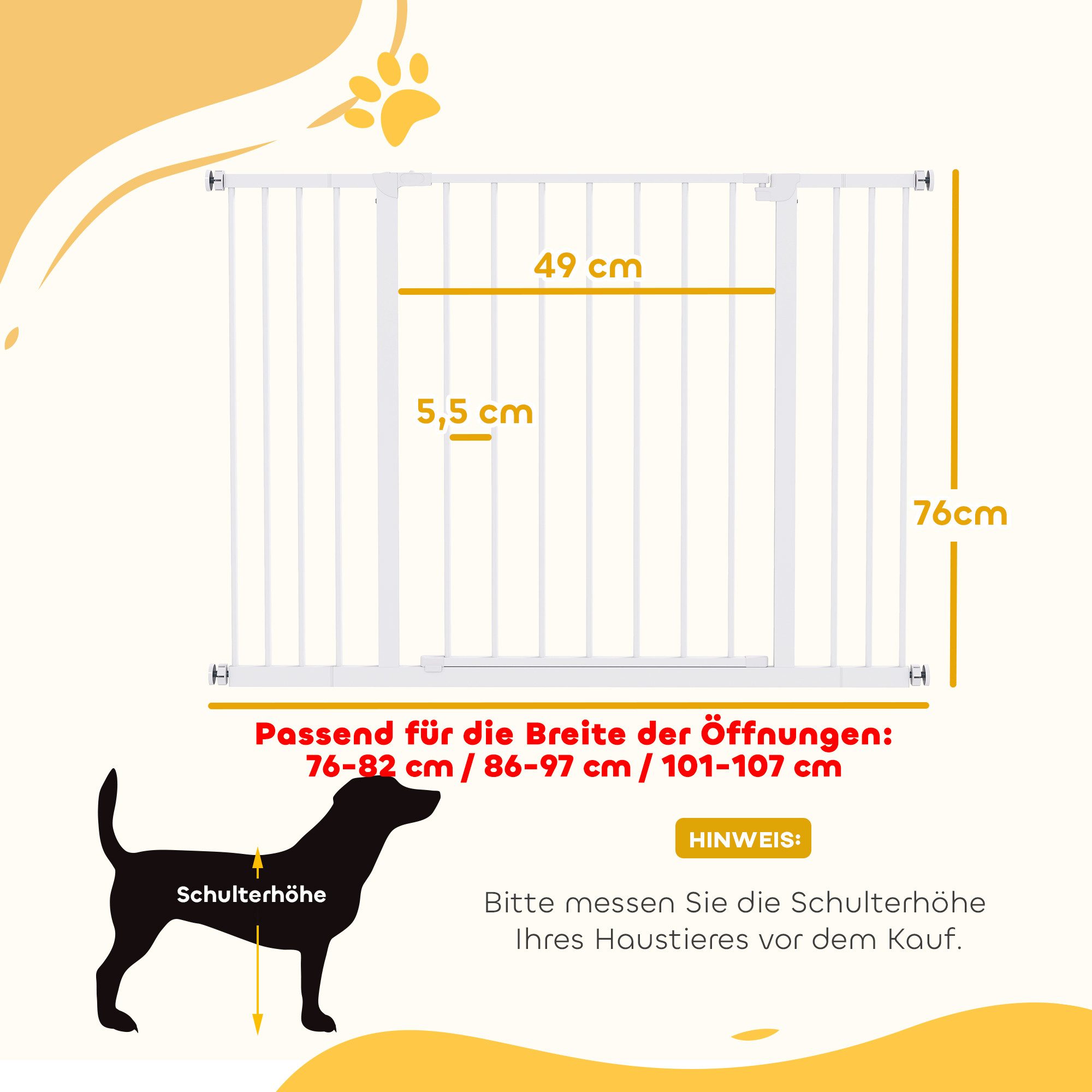 PawHut Hundegitter Türschutzgitter mit 10/15 cm Verlängerung Türgitter ohne Bohren (Hunde Treppenschutzgitter, 1 St., Schutzgitter für Haustier), Metall, Weiß 7 – Bild 3 von 5