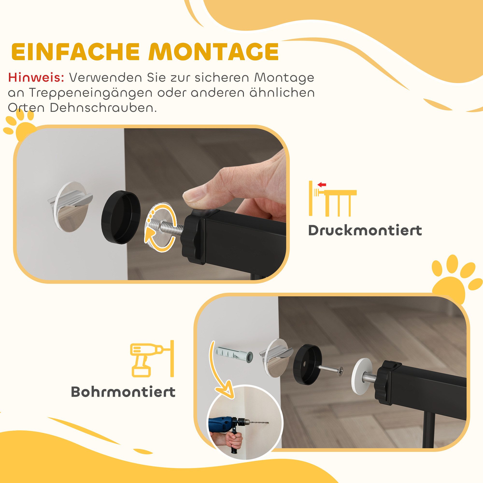 PawHut Hundegitter Treppenschutzgitter Türgitter Breiten 76-104 cm Stahl (Türschutzgitter, 1 St., Absperrgitter ohne Bohren), für Treppen, Tür, Flur, Schwarz – Bild 5 von 5