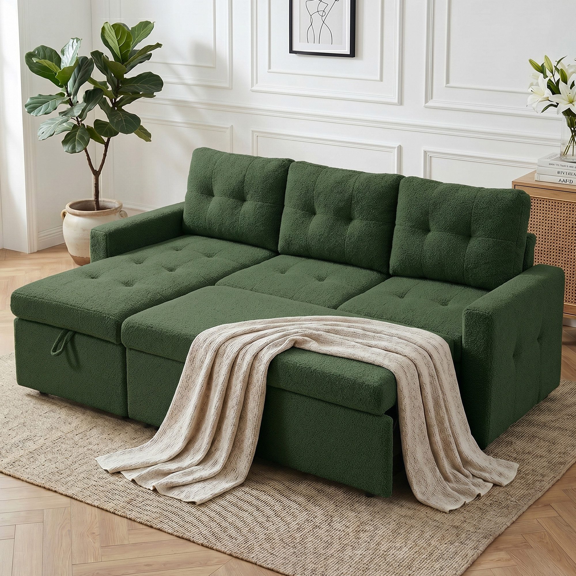Jiexi Schlafsofa Ecksofa mit Schlaffunktion Teddy-Fleece L-Form Sofa Bettkasten