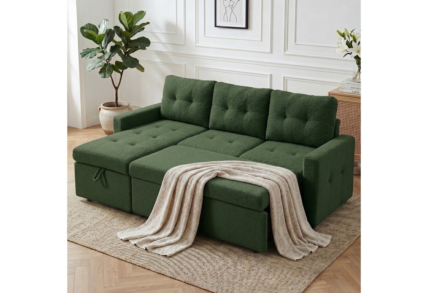 Jiexi Schlafsofa Ecksofa mit Schlaffunktion Teddy-Fleece L-Form Sofa Bettkasten