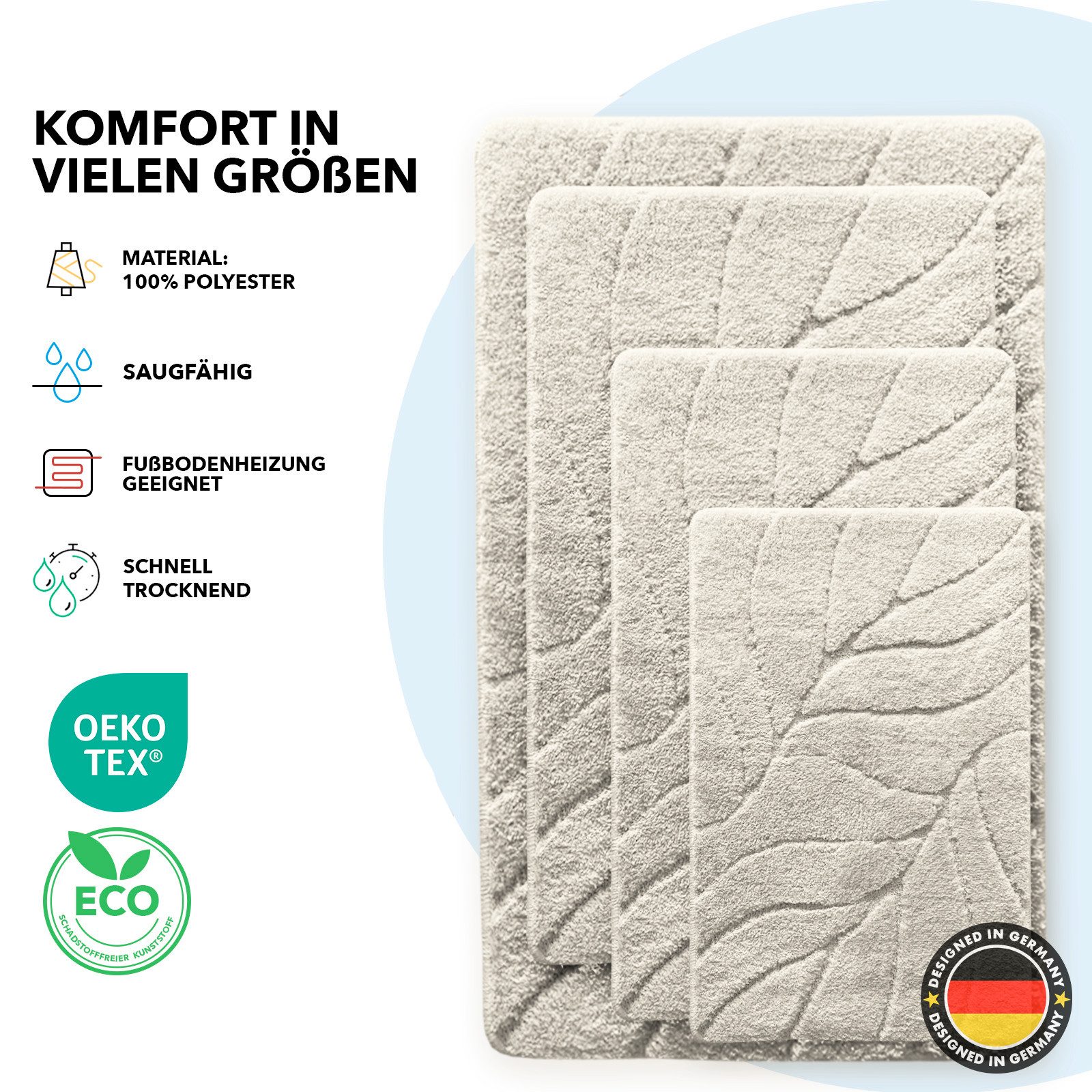 Floordirekt Badematte Maris – Flauschiger Badteppich, Blattstruktur, rutschfest & waschbar, rutschhemmend beschichtet, fußbodenheizungsgeeignet, schnell trocknend, Polyester, für Fußbodenheizung geeignet, dichter Flor, 40x60 cm, Ivory
