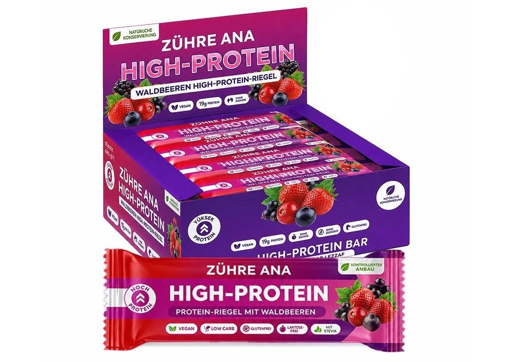 Zühre Ana® Riegel Waldbeeren Proteinriegel 12x – Vegan, Glutenfrei, Zuckerfrei, 420 g, Proteinreicher, leckerer Snack, 35gr x 12 Stück