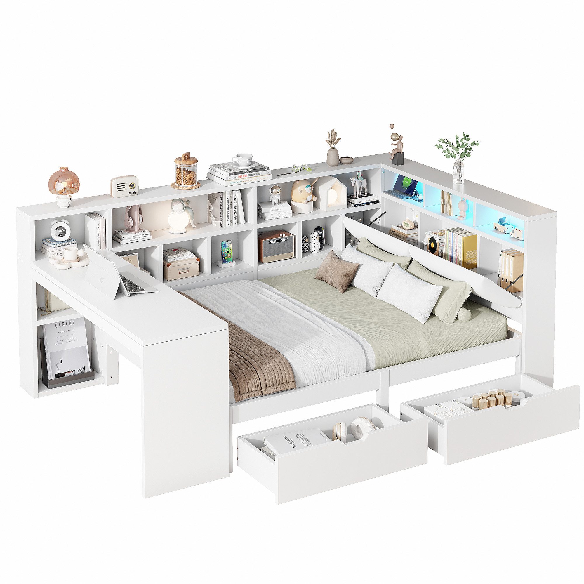 SOFTWEARY Stauraumbett mit Schreibtisch und LED-Beleuchtung (140x200 cm, Lattenrost, Regal, Schubladen, USB und Steckdosen), Doppelbett, Holzbett