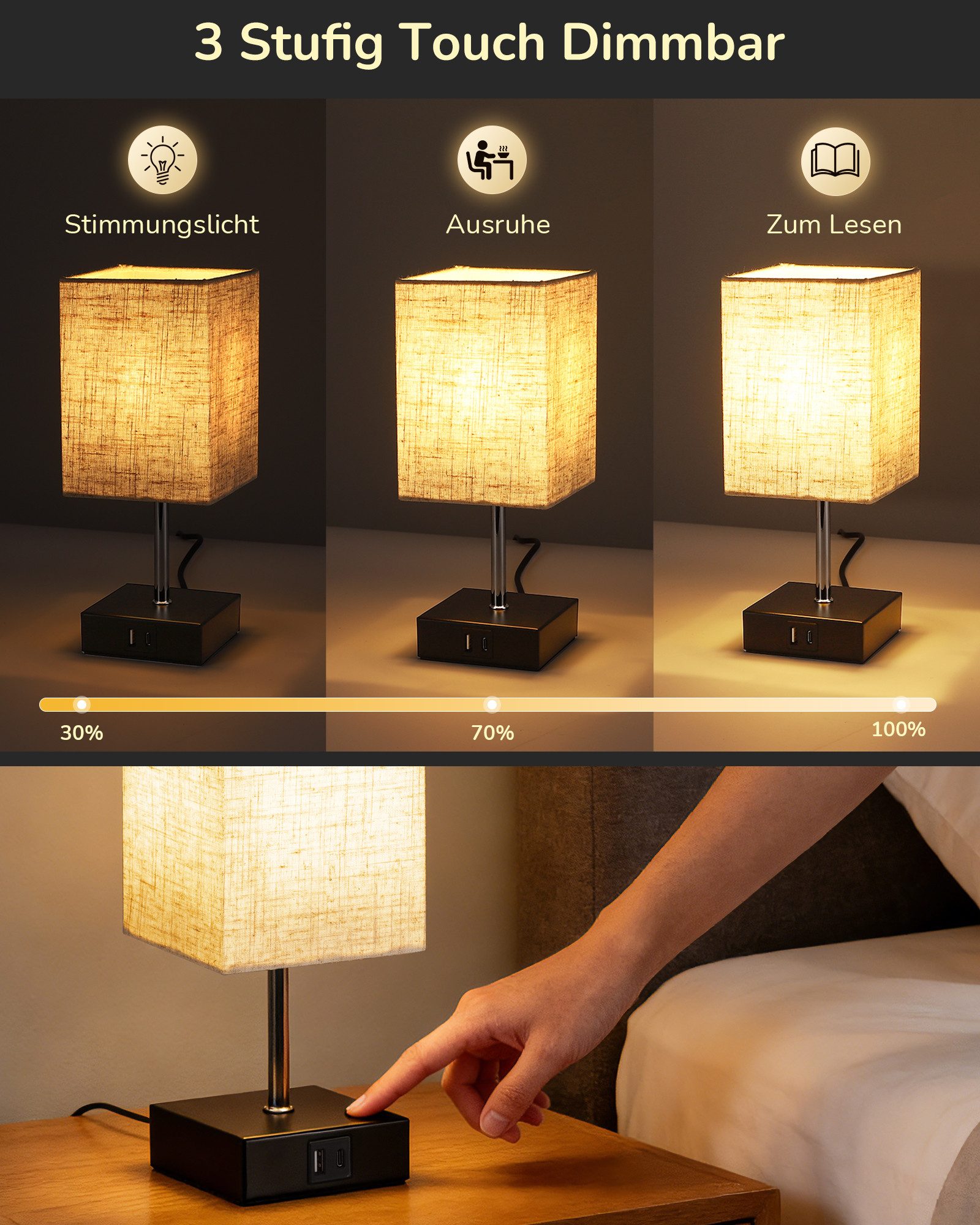 EDISHINE LED Nachttischlampe 2er-Set Schreibtischlampe Touch Dimmbar, Tischleuchten mit USB, LED wechselbar, warmweiß, kleine Tischlampe mit Ladefunktion für Fe – Bild 4 von 5