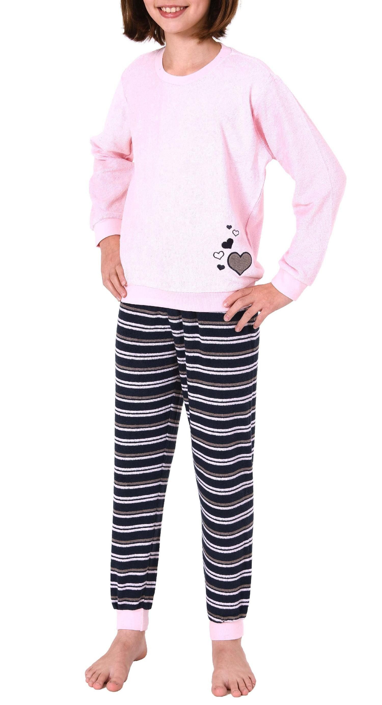 Pyjama Mädchen Frottee Pyjama lang mit Bündchen Schlafanzug mit Herz Motiv