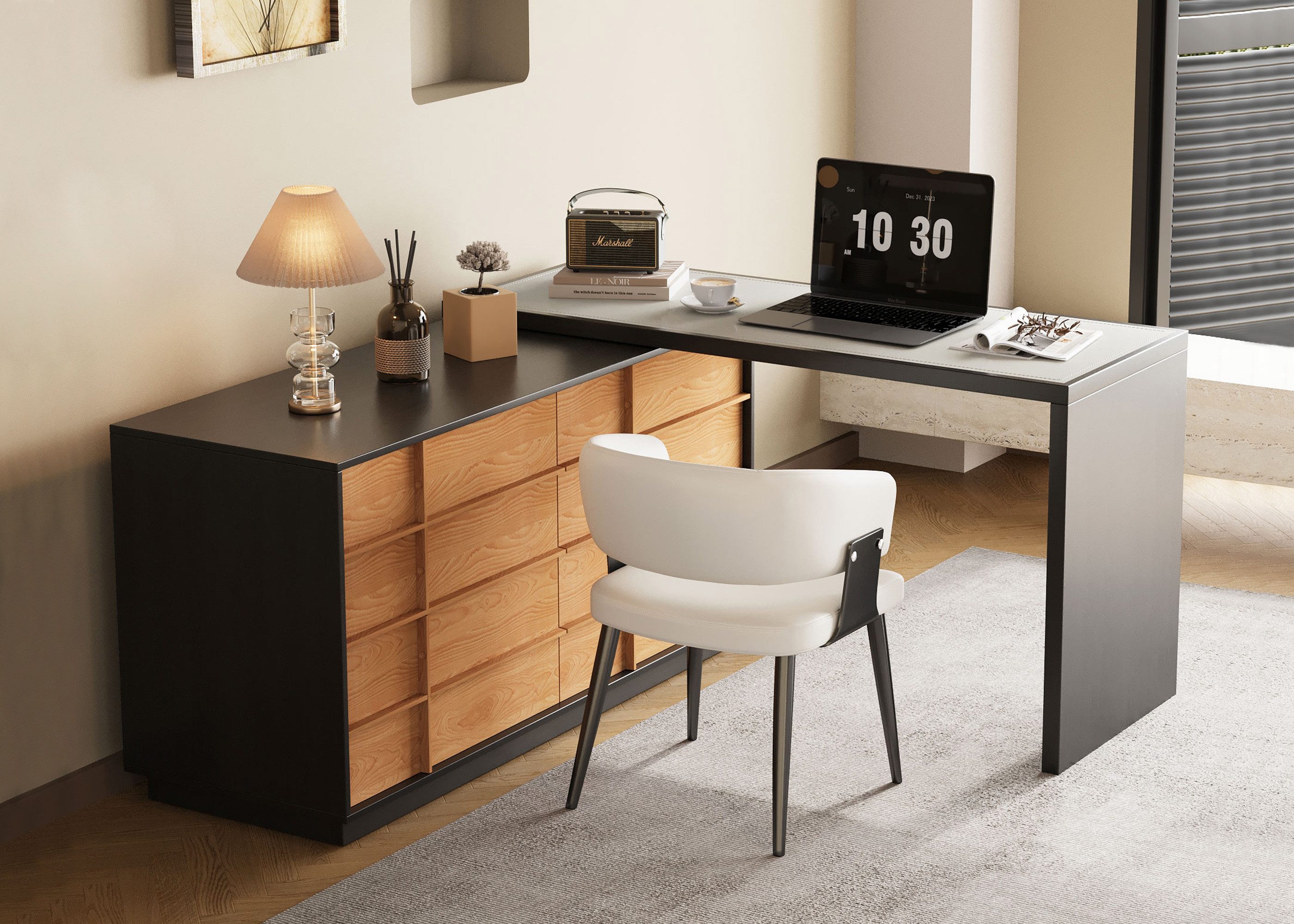 oleyluckidea Schreibtisch L-förmiger Schreibtisch mit 6 Schubladen, verstellbar, Holz (ein Tisch), Breite 140 cm