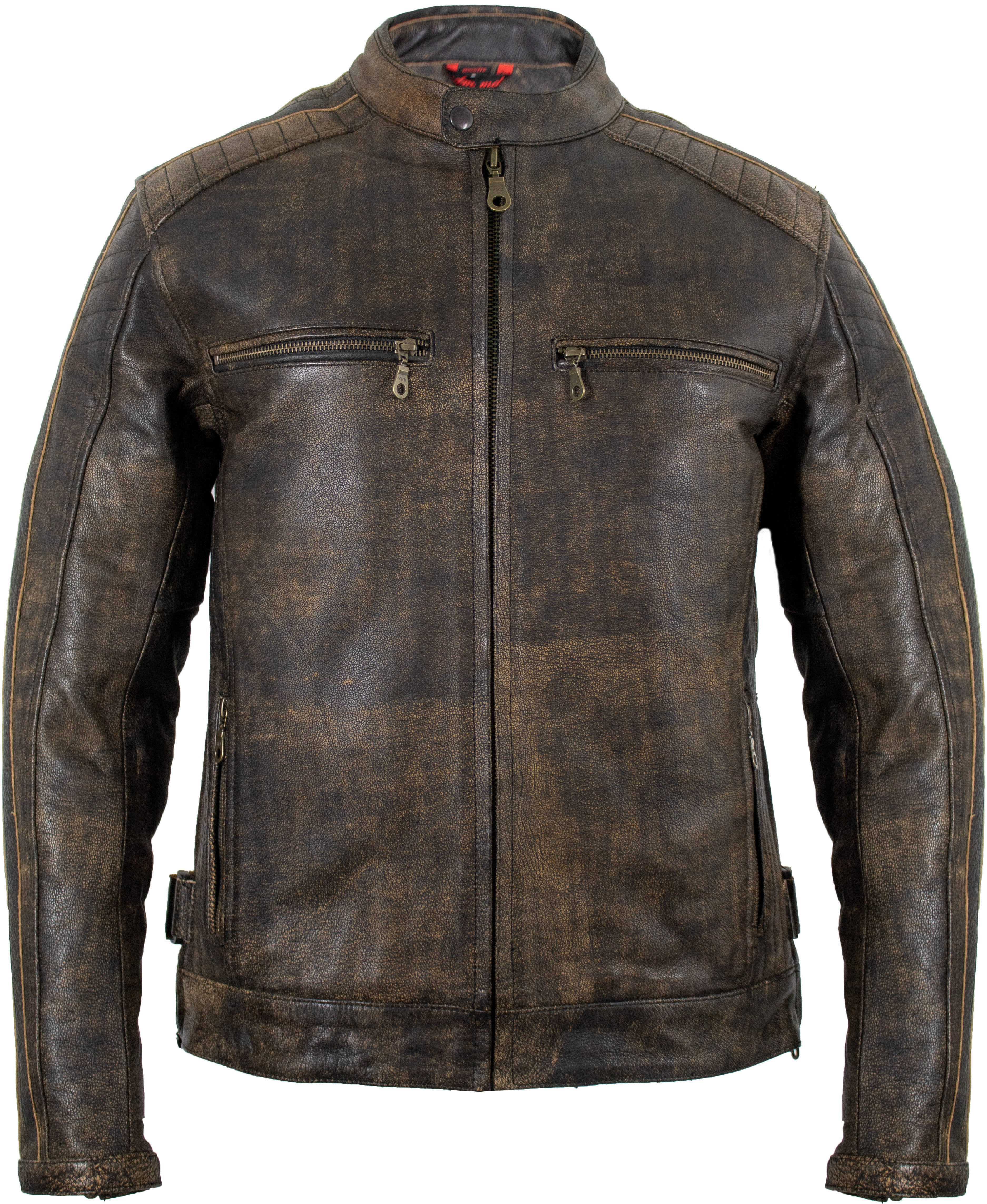 MDM Motorradjacke Herren Motorrad Jacke Vintage Lederjacke mit Protektoren Im Used Look bearbeitet, aus echtem Rindsleder
