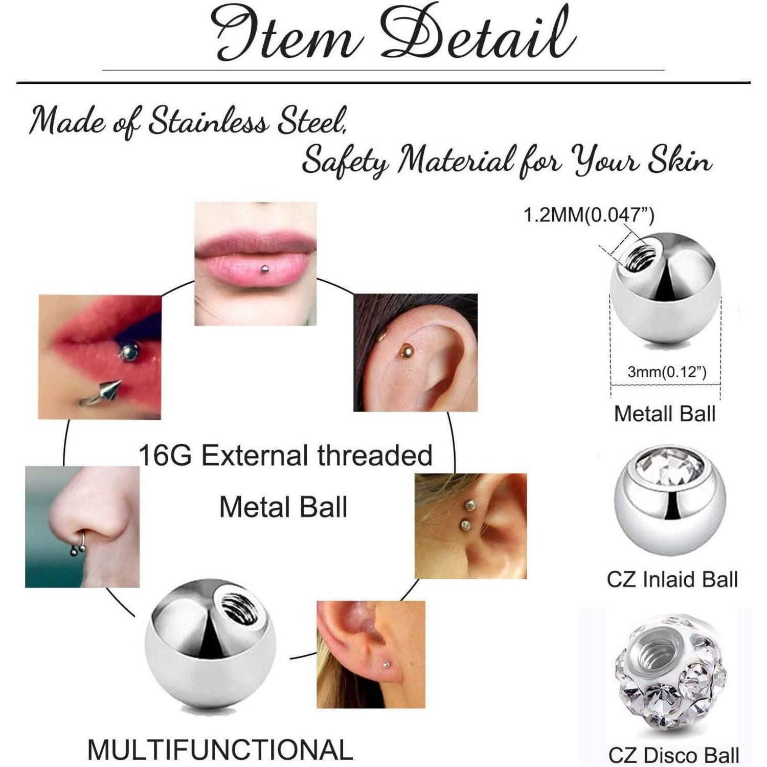 Besyvvin Ohrstecker-Verschluss 20er Piercing Kugel 1,2mm Chirurgenstahl 3mm Ersatzkugeln für Piercing