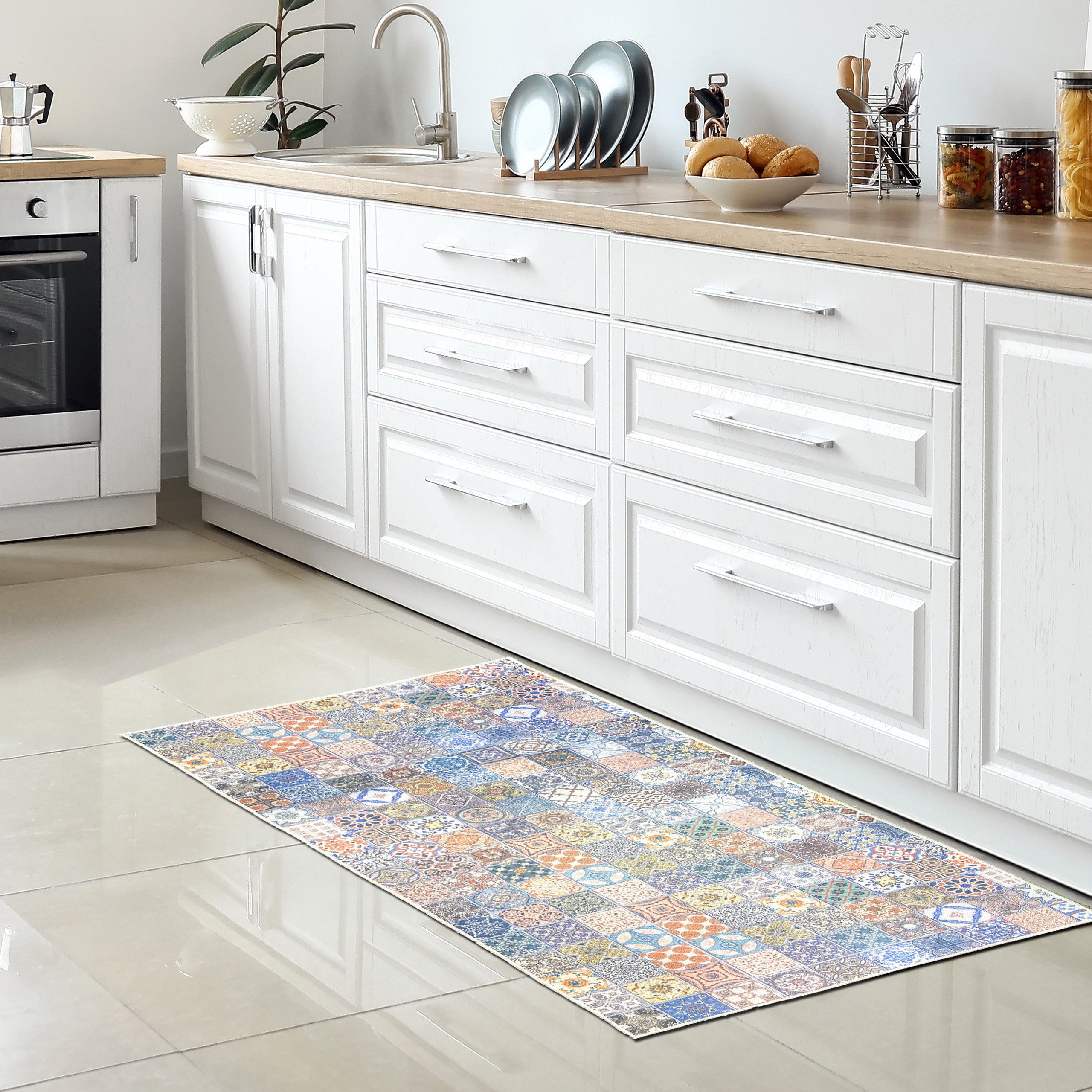 TeppichHome24 Teppich Waschbarer Küchenläufer-Teppich mit Fliesenmuster günstig online kaufen