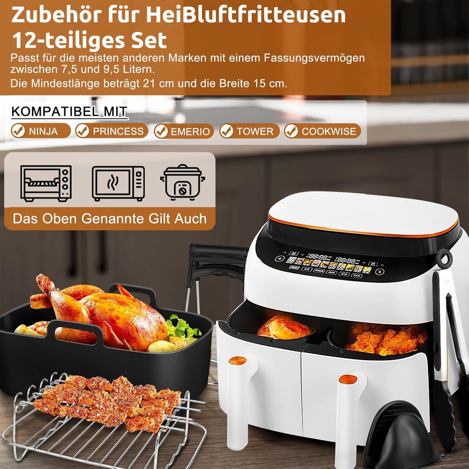 BlingBin Küchenmaschinen Zubehör-Set Heißluftfritteuse Zubehör für Ninja AF400EUAF300EU Foodi Max Dual Zone, Zubehör für AF400EU AF300EU, 7,6–9,5 L, Silikonform, Grillrost & Backform zur Kocherweiterung
