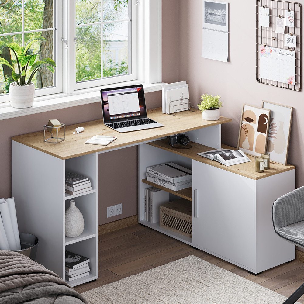 Vicco Eckschreibtisch Rudy, Weiß/Artisan, 135 x 110 cm mit Regalen (1-St) günstig online kaufen