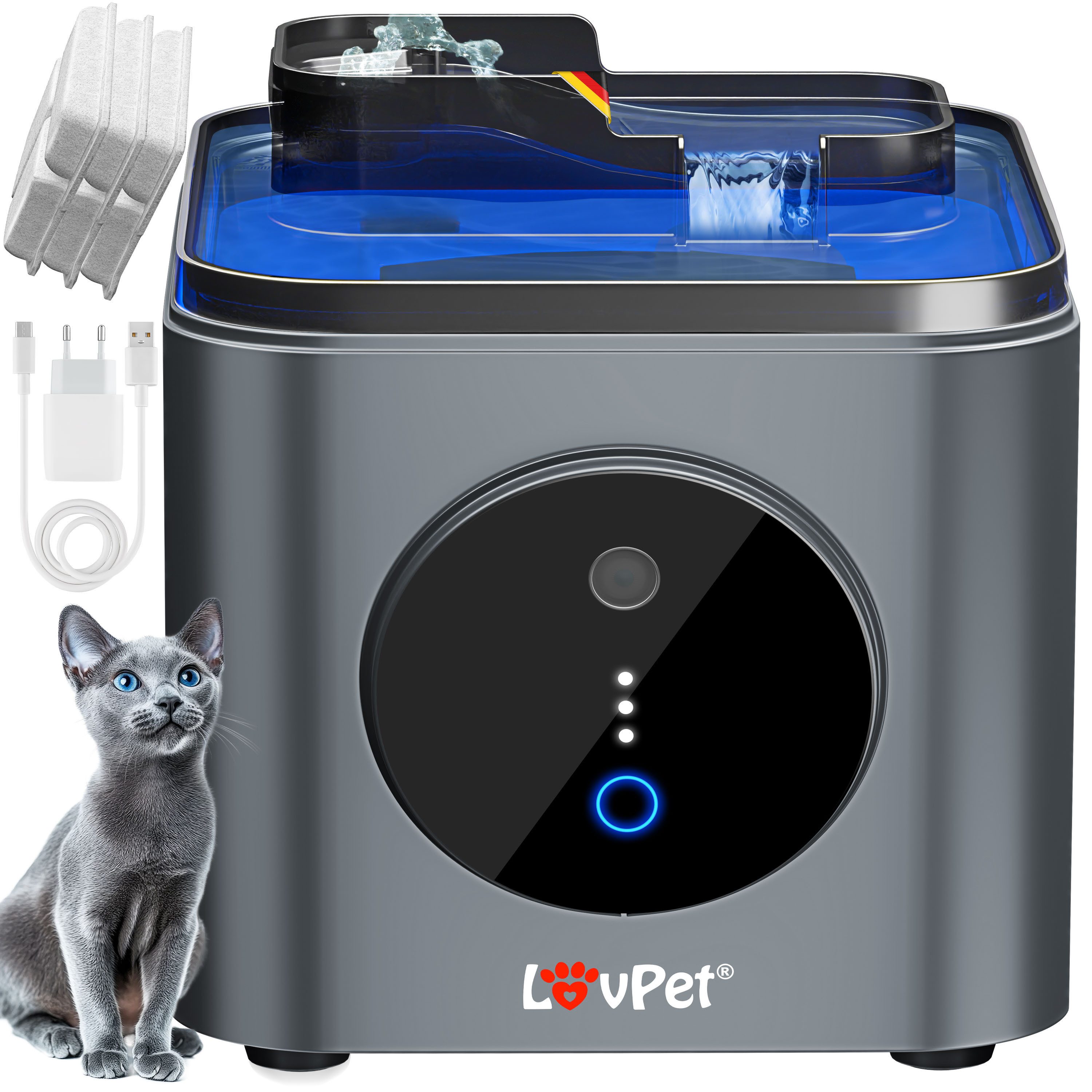 Lovpet Trinkbrunnen für Katzen & Haustiere Wasserspender mit Bewegungssensor Katzenbrunnen, Automatischer Wasserbrunnen, Katzentrinkbrunnen sehr leise 30dB