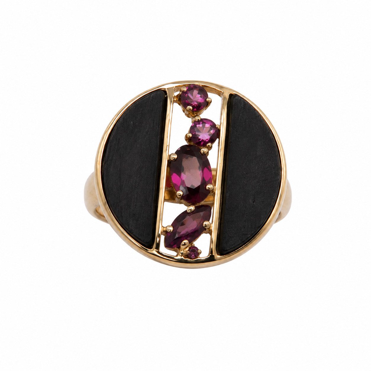 Sogni d'oro Fingerring "Nachtrose" mit Schiefer und Rhodolith, Silber 925 vergoldet