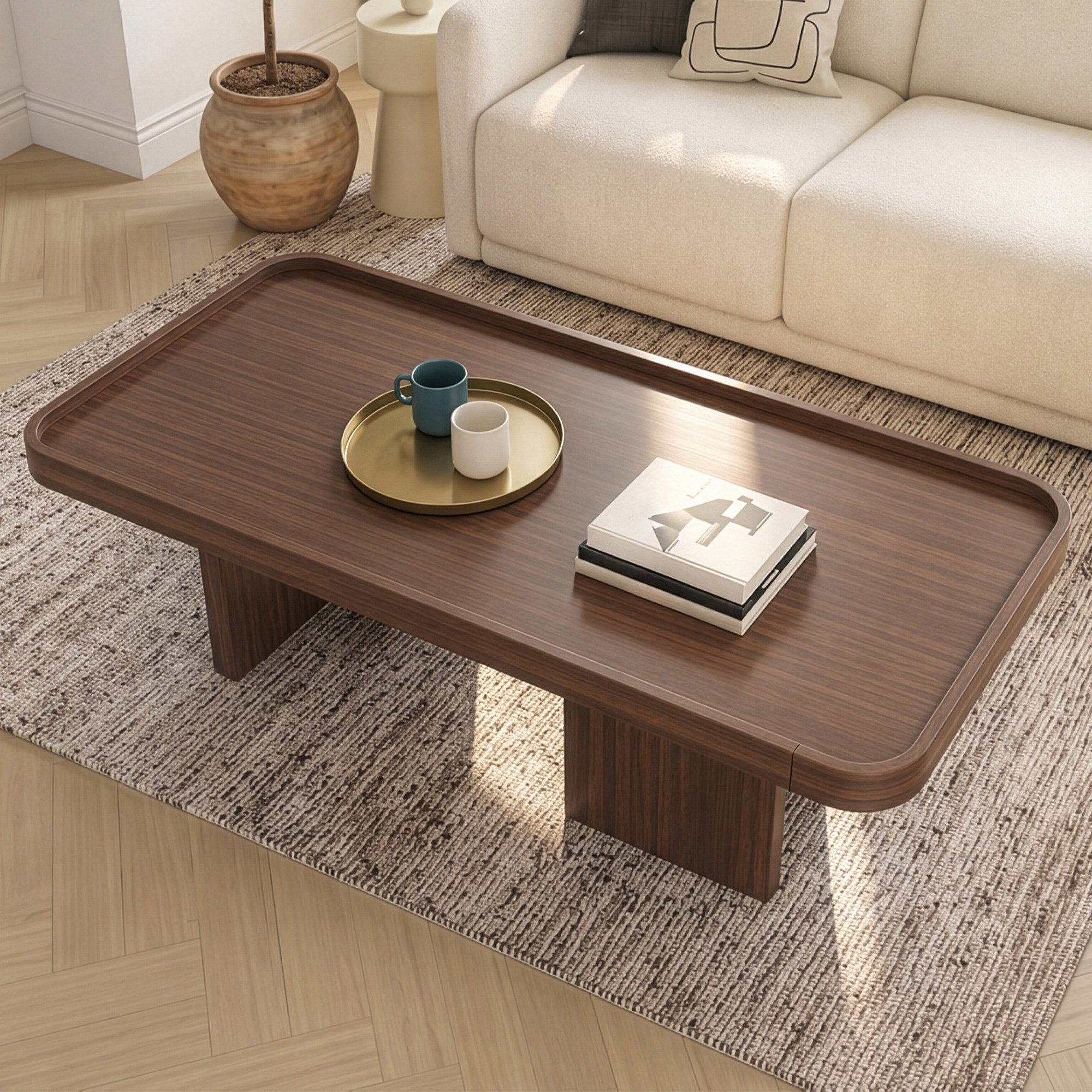 Merax Couchtisch in Walnussholz Optik, Retro Sofatisch mit abgerundeten Ecken (1-St), Wohnzimmertisch Kaffeetisch Beistelltisch, 100x50x35,5 cm