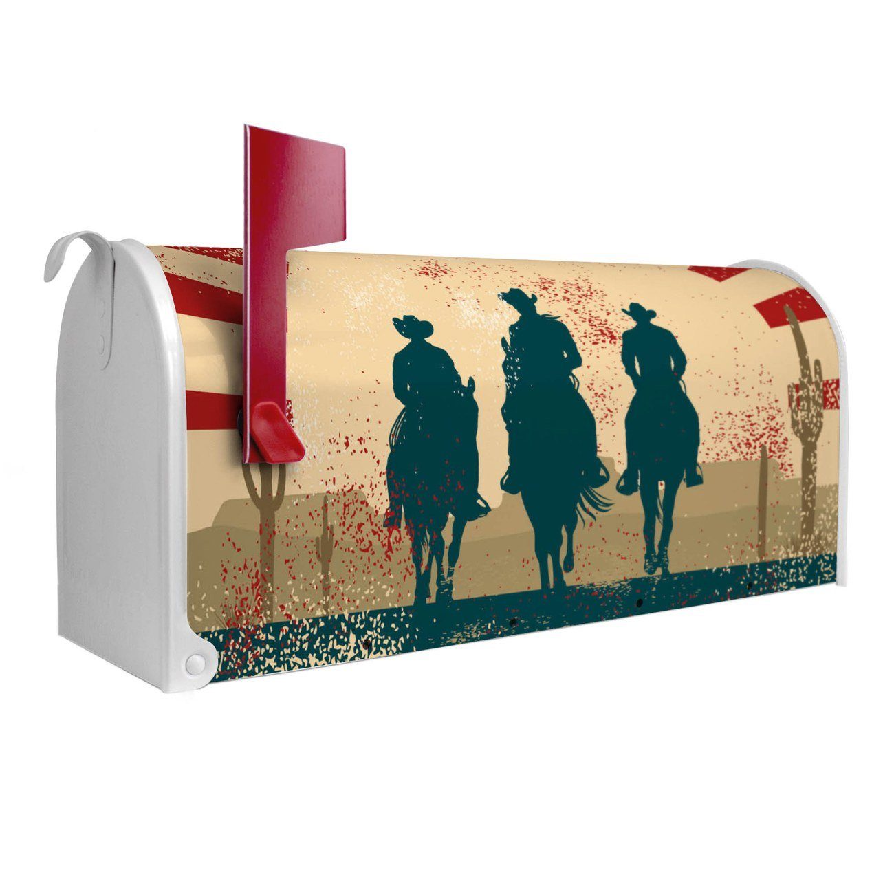 banjado Amerikanischer Briefkasten Mailbox Drei Cowboys (Amerikanischer Briefkasten, original aus Mississippi USA), 22 x 17 x 51 cm weiß