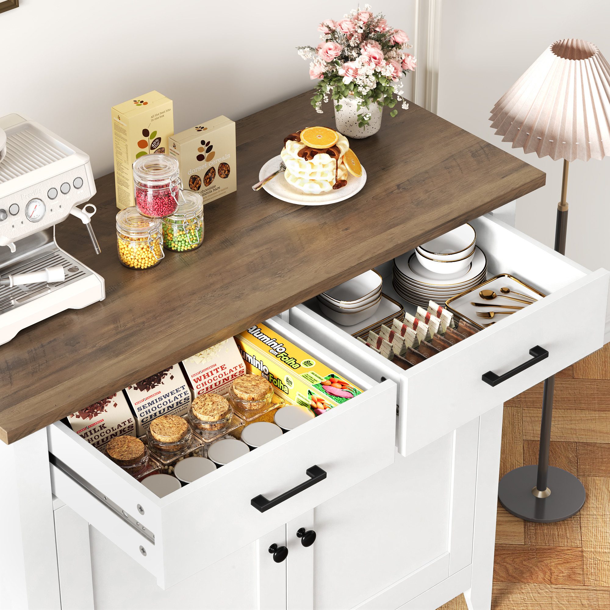 HOMECHO Buffet Sideboard Weiß Küchenschrank mit 2 Schubladen 2 Türen
