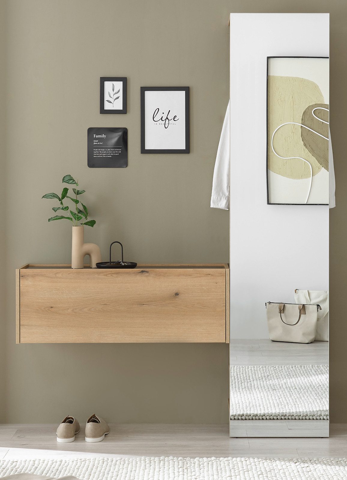 Furn.Design Garderoben-Set Center, (Flurgarderobe in Eiche mit Grau, 2-teilig, 150 x 200 cm), mit Kleiderstange und großer Spiegelfront