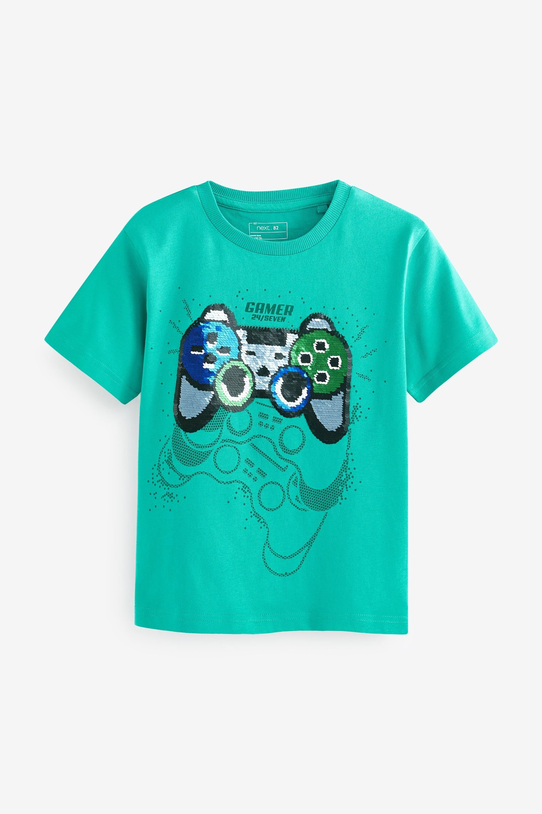 Next T-Shirt Kurzärmeliges T-Shirt mit Pailletten (1-tlg) Teal Blue Gaming Controller