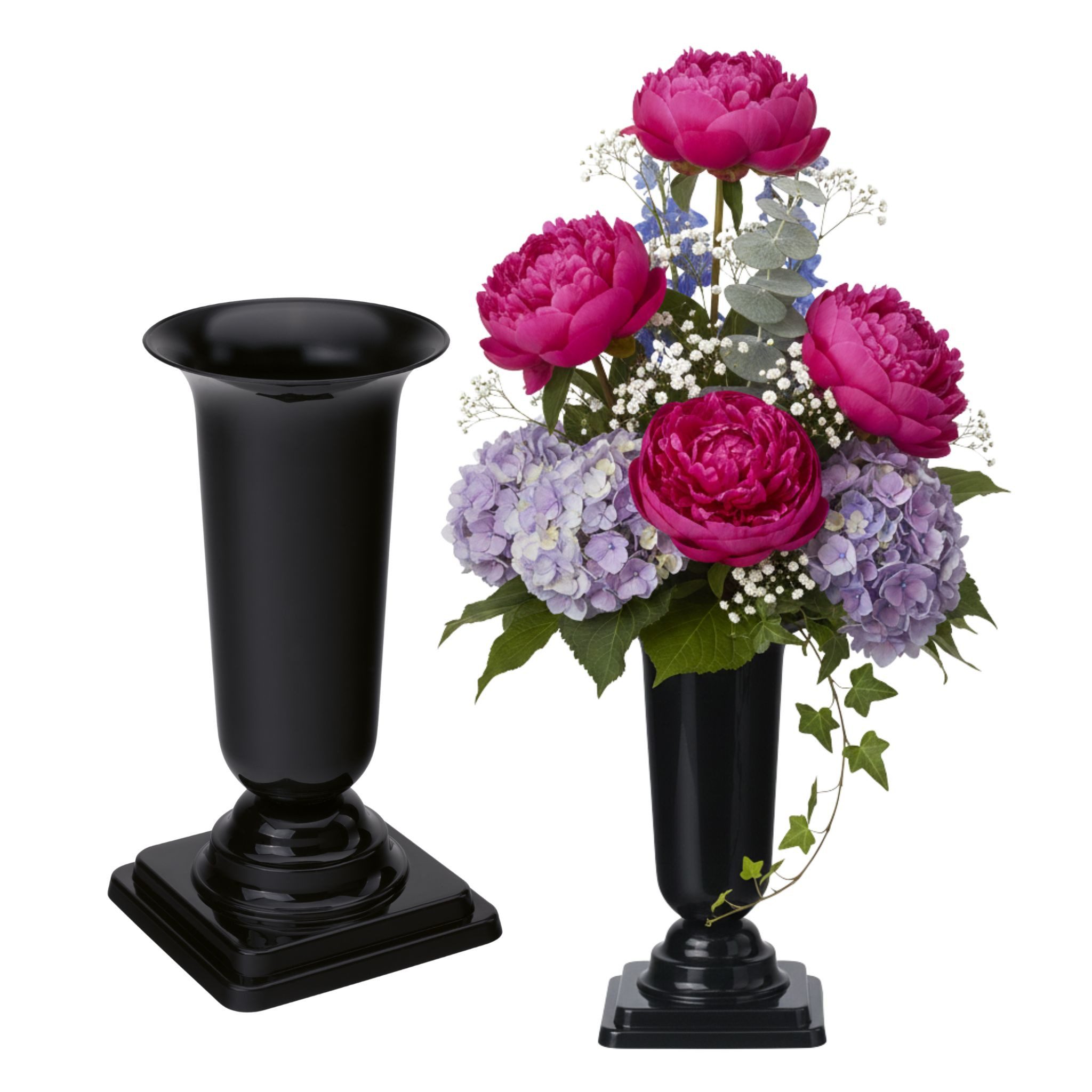 matches21 HOME & HOBBY Dekovase Grabvasen mit Sockel zum Hinstellen 2er Set 31 cm, schwarz (2 St), Wetterfeste Grabschmuck Kunststoff Friedhofsvasen