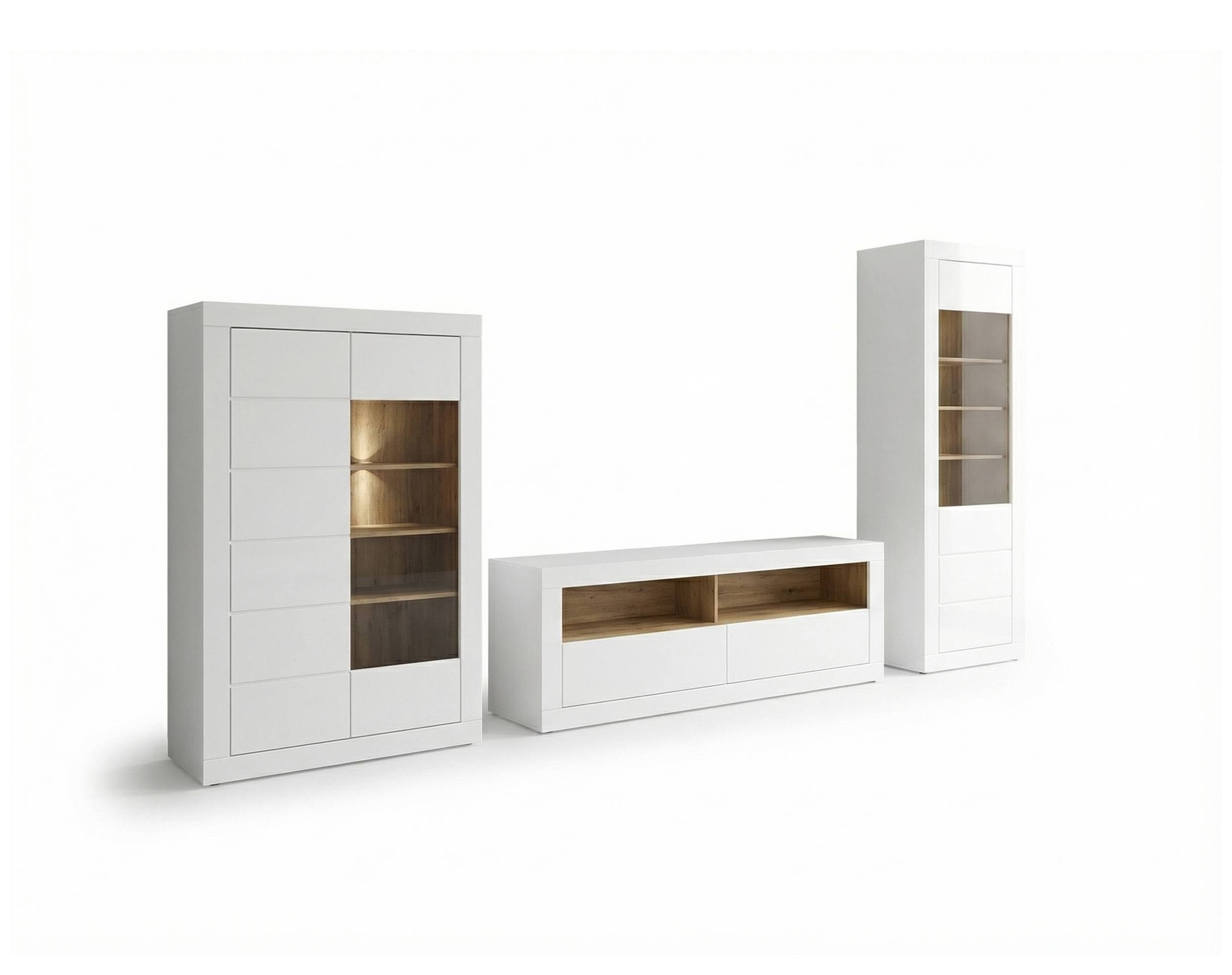 FORTE Wohnzimmer-Set Wohnwand LEFKADAS 3-tlg. Dekor Weiß / Mauvella Eiche von Forte, (Set, 3-St., 1x Vitrine, 1x Lowboard, 1x Highboard)