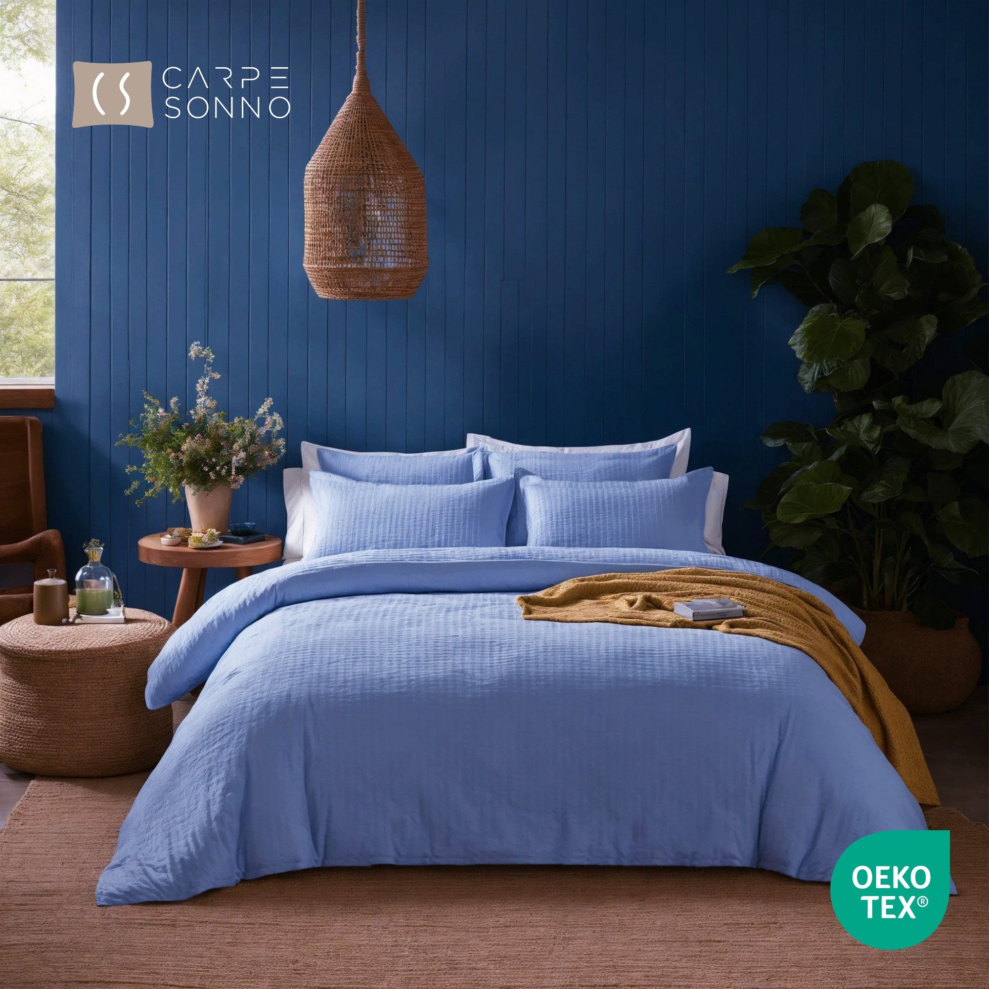 Carpe Sonno Bettwäsche Seersucker 135x200 155x220 Bügelfrei Sommer Bettbezug 100% Baumwolle, Seersucker, 2 teilig, Kühlende Bettwaren Bügelfrei Pflegeleicht Einfarbig Blau 135 x 200