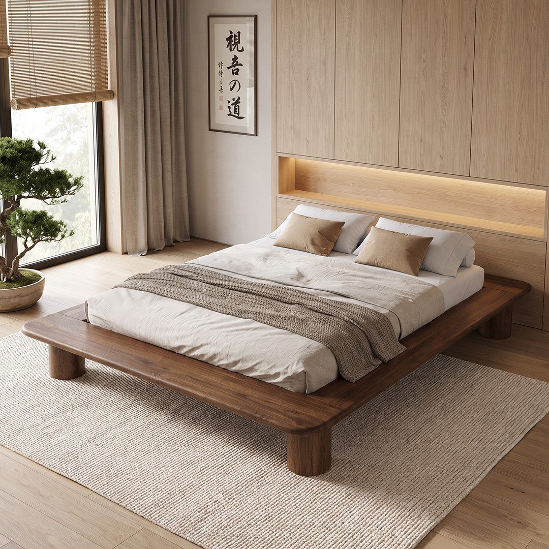 skølm Futonbett Vestri aus massiver Eiche (Walnussoptik, 140x200 cm), Massivholzbett lackiert, niedriges Doppelbett mit 25 cm Höhe