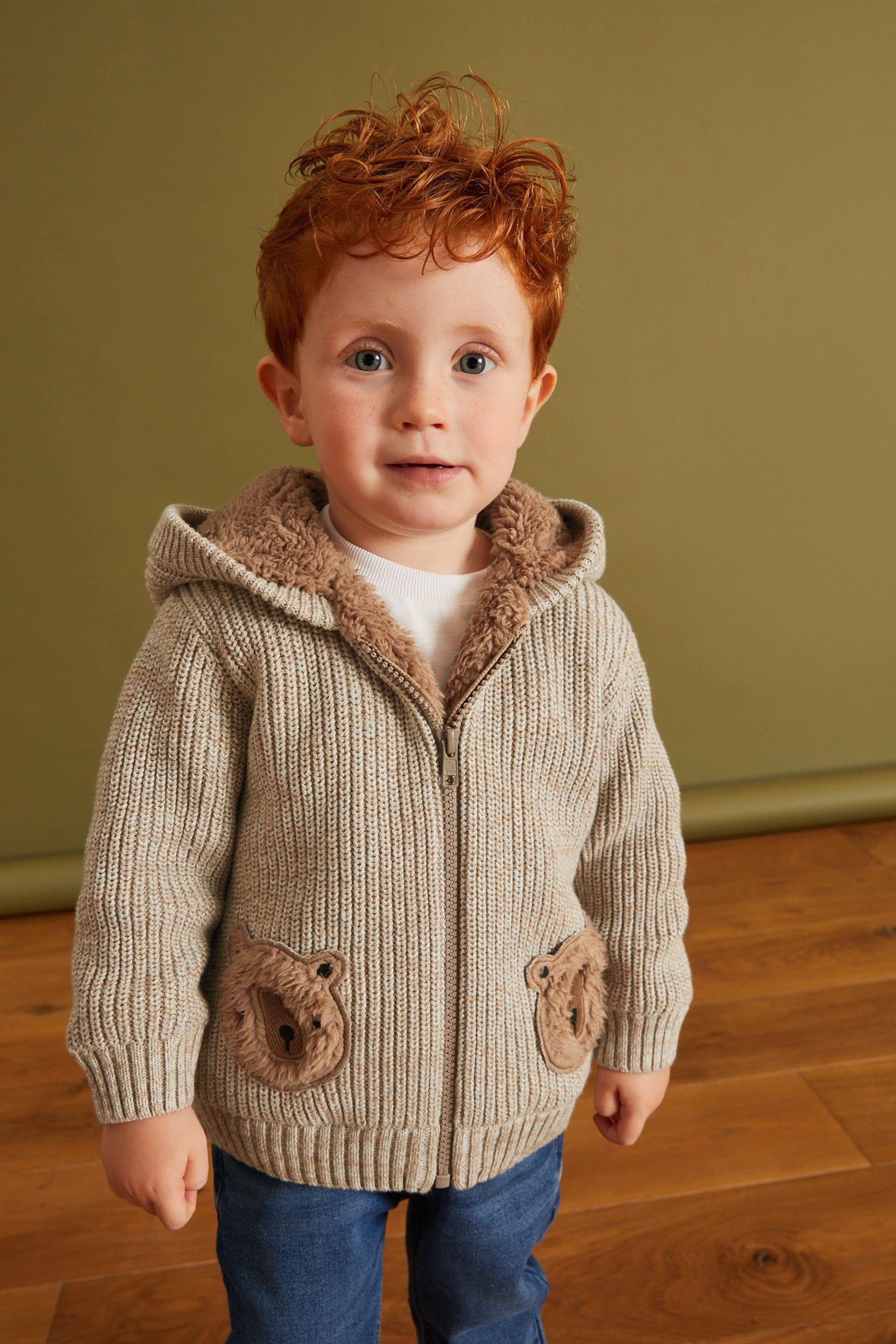 Kapuze Brown mit Strickjacke (1-tlg) und Next Borg-Futter Bear Strickjacke