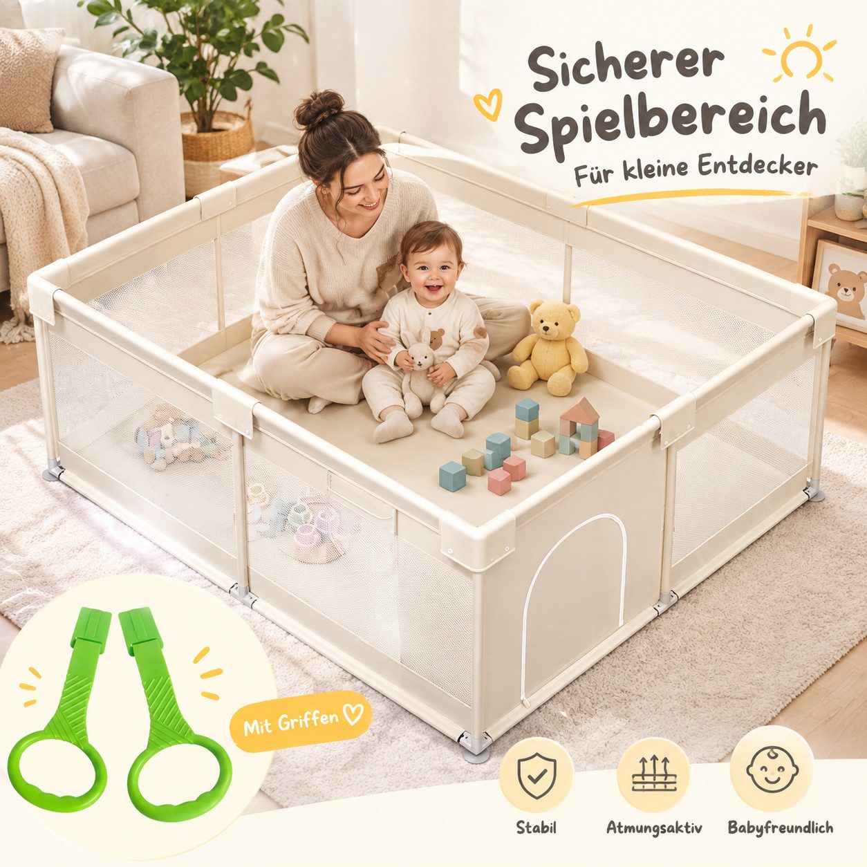MC Star Laufstall Baby 175x150 cm – Großer Baby Laufgitter XXL (Sicherheitsspielplatz Kinder mit Netzdesign, ideal für den Innenbereich, Beige)