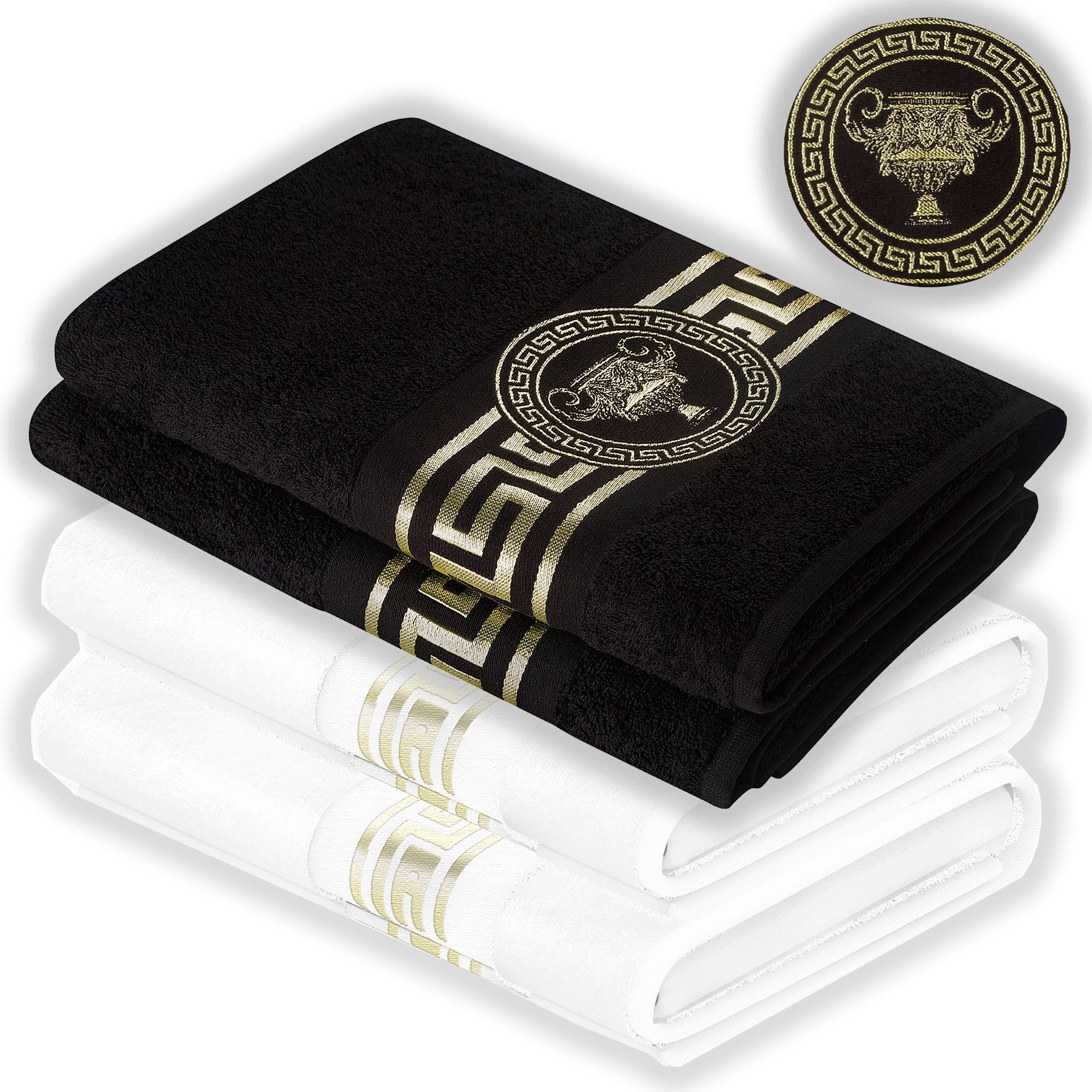 BELLE ARTI Handtücher Gästehandtücher Badetücher Duschtücher Saunatücher Mäander Amphore Set (1-St), schwarz weiss, gold hochwertig eingestickt Baumwolle weich saugstark mehr
