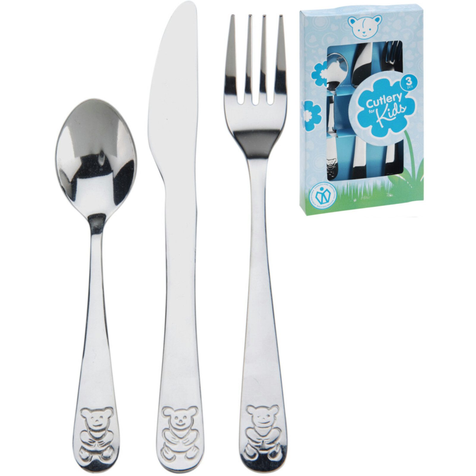 Koopman Kinderbesteck Besteck Kindergabel Kindermesser Kinderlöffel Edelstahl Stumpf 3tlg (3-tlg), Edelstahl, Verpackung Blau, Lernbesteck, Rostfrei, Anti-Schneid Funktion