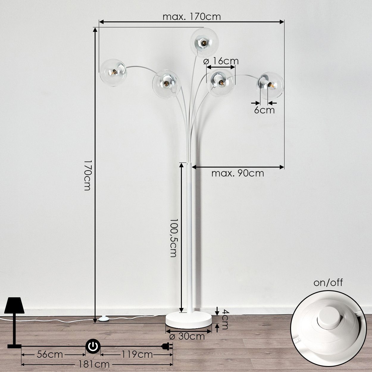 »Arviè« auch Echtglas-Kugeln, Leuchtmittel, ohne Bodenlampe hofstein mit Metall Stehleuchte moderne Standlampe in Fußschalter, 5xE14, mit Weiß, Stehlampe aus