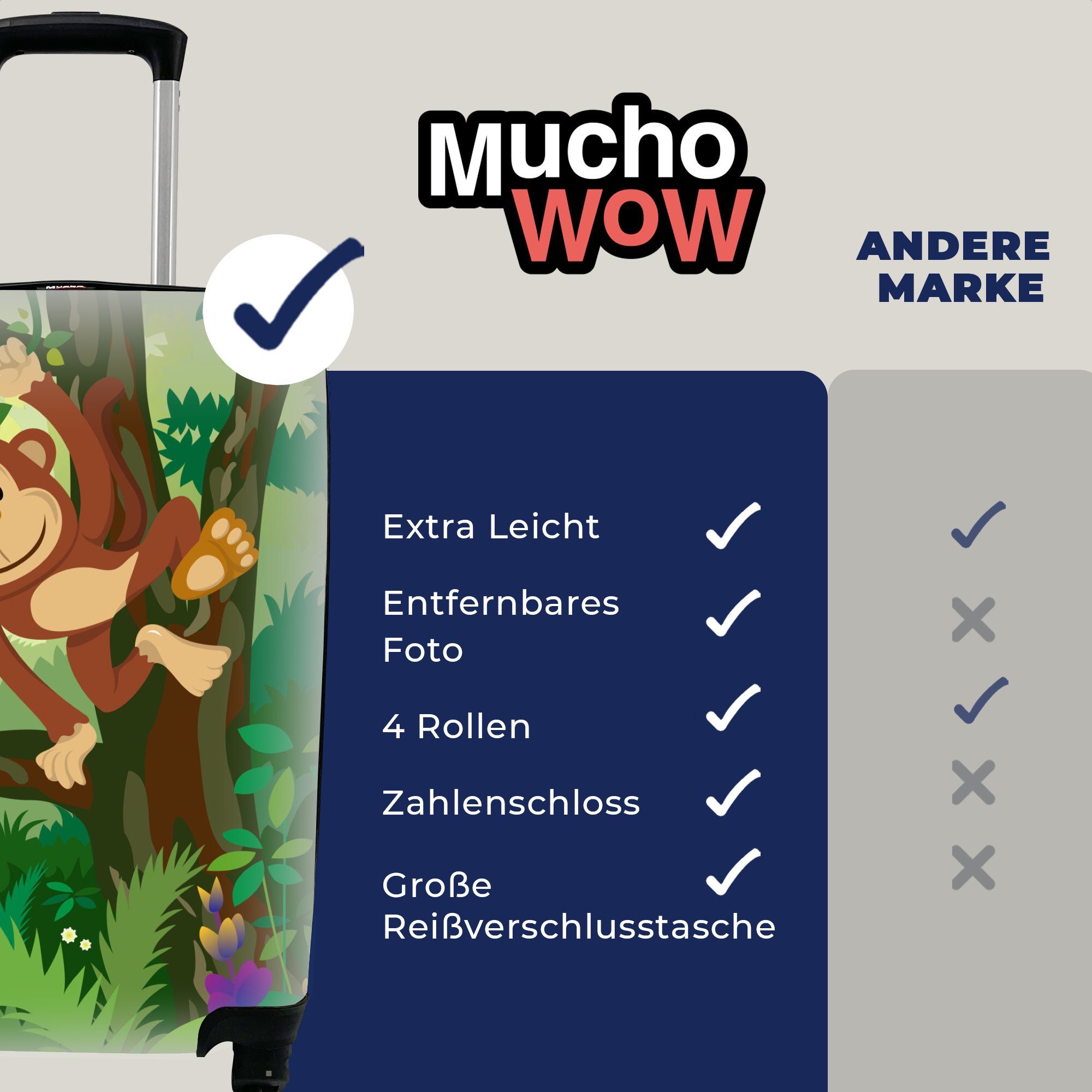 MuchoWow Handgepäckkoffer Affe - - Reisetasche Ferien, - Dschungel 4 Jungen - Mädchen für Blumen rollen, mit Rollen, Handgepäck Reisekoffer - Kinder, Trolley
