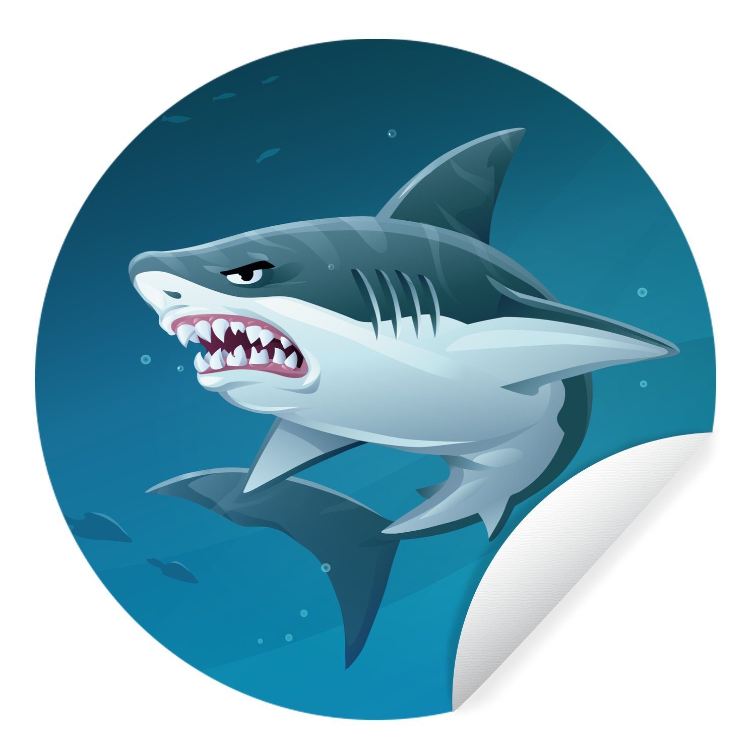 MuchoWow Wandsticker Eine Illustration eines wütenden weißen Hais im Ozean (1 St), Tapetenkreis für Kinderzimmer, Tapetenaufkleber, Rund, Wohnzimmer
