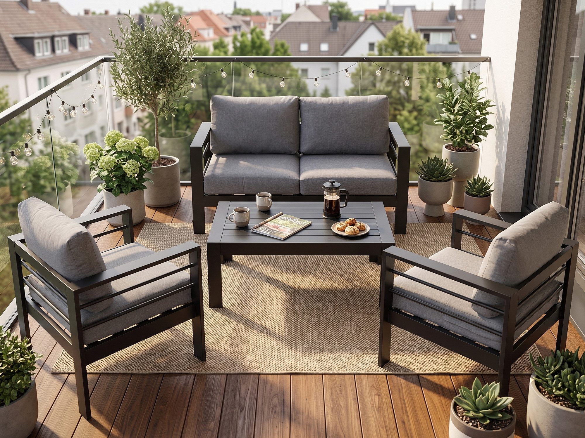 MeXo Gartenlounge-Set XXL Gartenmöbel Set Aluminium Outdoor, (Balkonmöbel für Kleinen Balkon, 4-tlg., 1×2-Sitzer Sofa, 2×Sessel, 1×Tisch, 8×Auflagen), wetterfest Sitzgruppe Essgruppe Gartengarnitur für 3-4 Personen