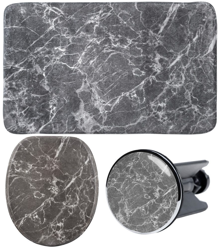 Sanilo Badaccessoire-Set 3-teilig Marmor Grau, WC-Sitz mit Absenkautomatik, Badteppich 70 x 110 cm, Waschbeckenstöpsel, 3 tlg., hochwertig & modern, universell, leichte Montage