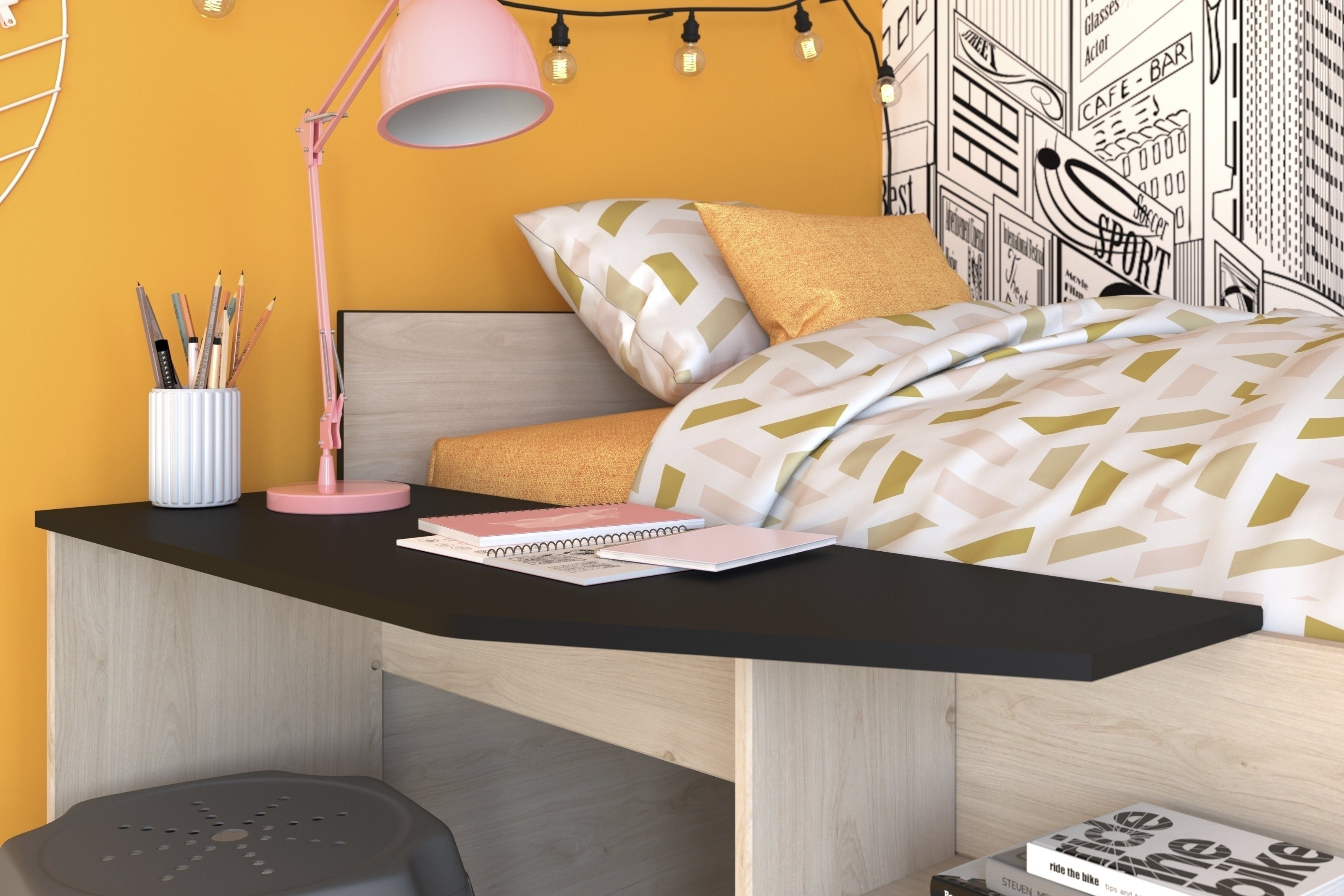 Parisot Hochbett Milky 2 in Schwarz/Eiche - 203x135x90cm (LxBxH)