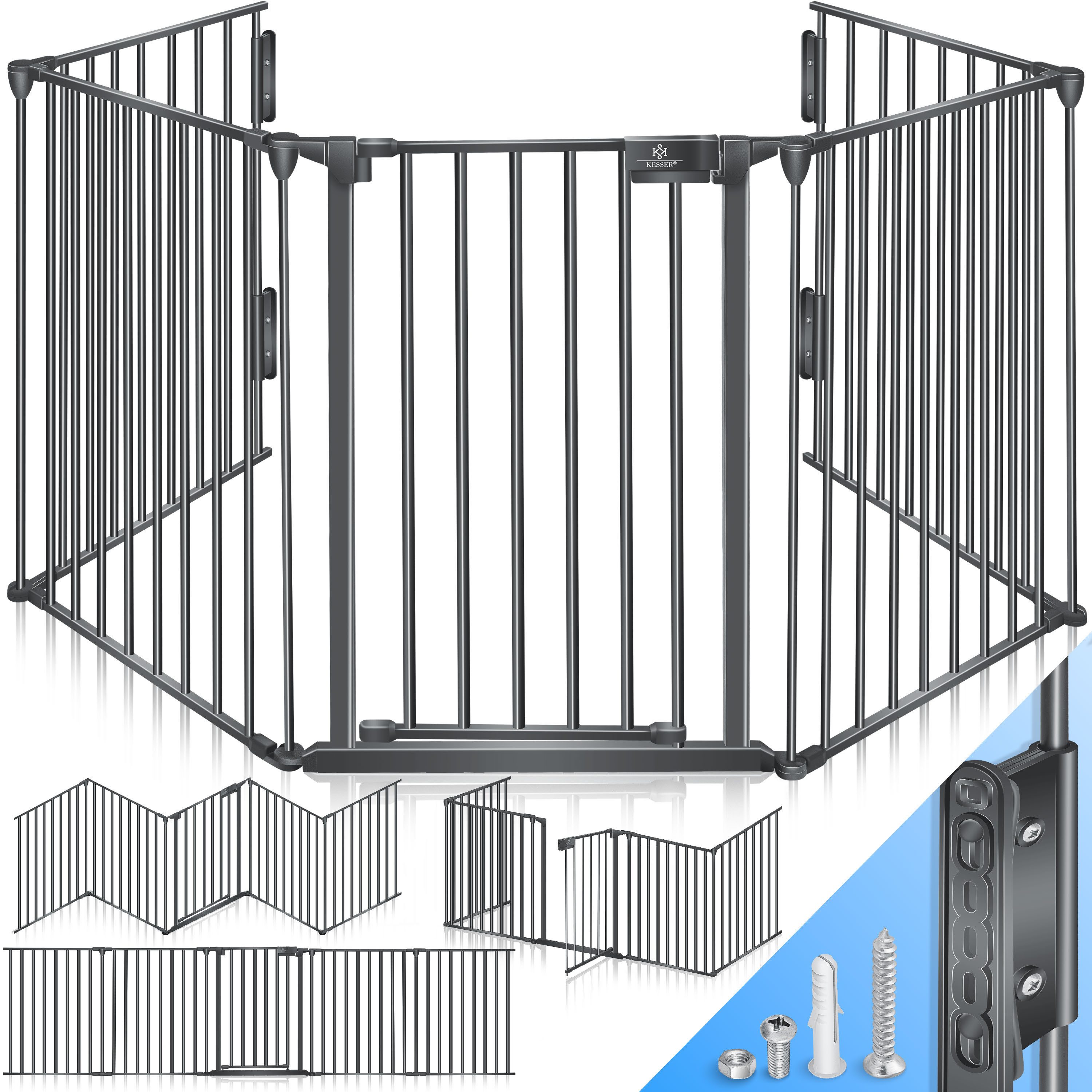KESSER Ofenschutzgitter, Kaminschutzgitter mit Tür Metall Laufgitter Türschutzgitter Laufstall