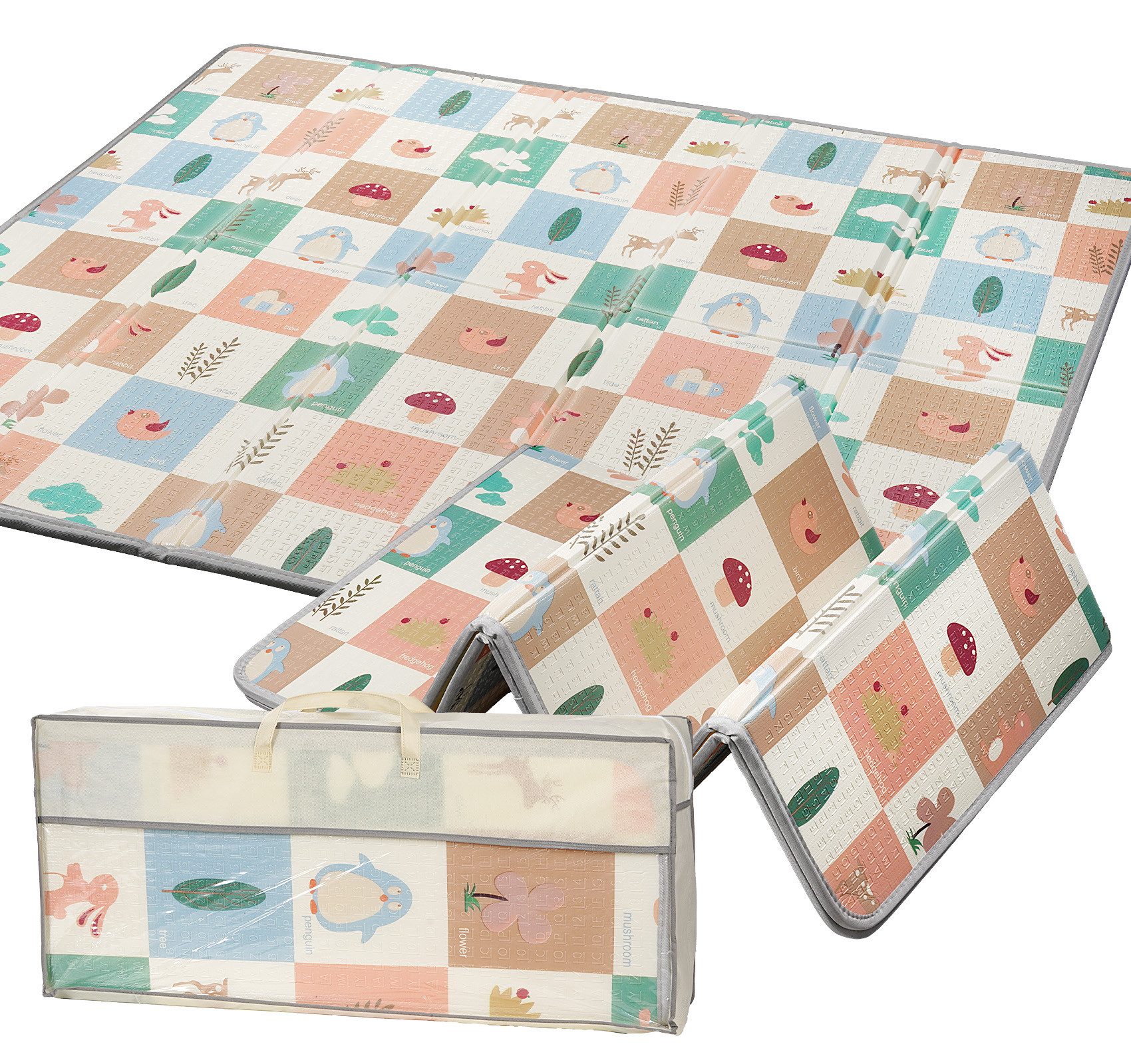 lindahandel Spielmatte Baby Krabbelmatte 200x180x1,5 cm – faltbar, wasserdicht, doppelseitig (Packung, 1-St., 1 × Krabbelmatte+1 × Tragetasche), Weiche Spielmatte mit Lernmuster & Tragetasche für Babys und Kinder