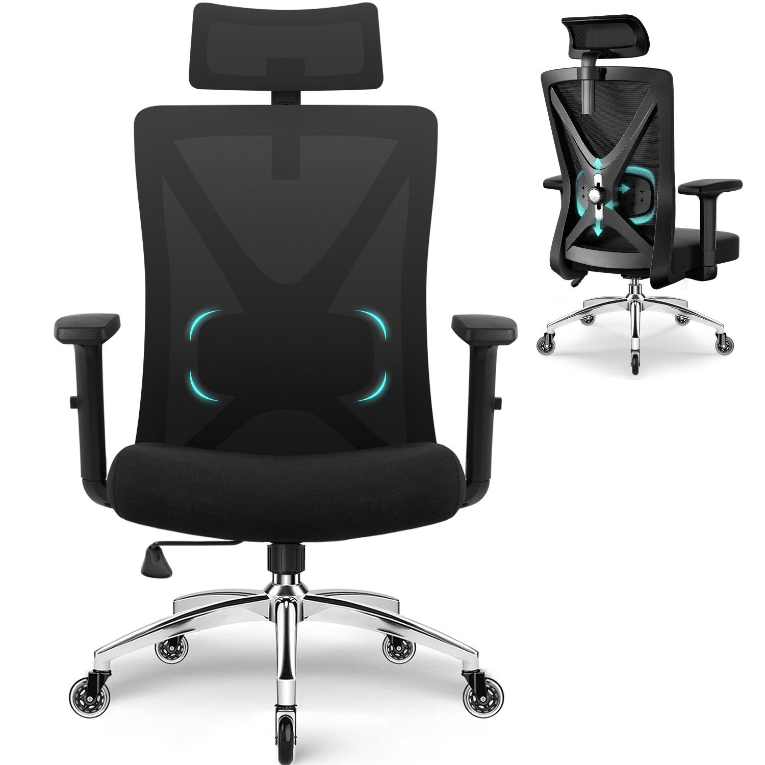 Adormii Bürostuhl Ergonomischer Bürostuhl,Bürostuhl mit Weiches-3D-Lendenkissen (Drehstuhl 360°mit Metallbasis,Verstellbarer Kopfstütze, Verstellbare- Armlehne und verstellbarer Lendenwirbelstütze,Computerstuhl, Wippfunktion bis 135), Gummirollen,Höhenverstellbar, Atmungsaktiver Netzbezug, 150KG