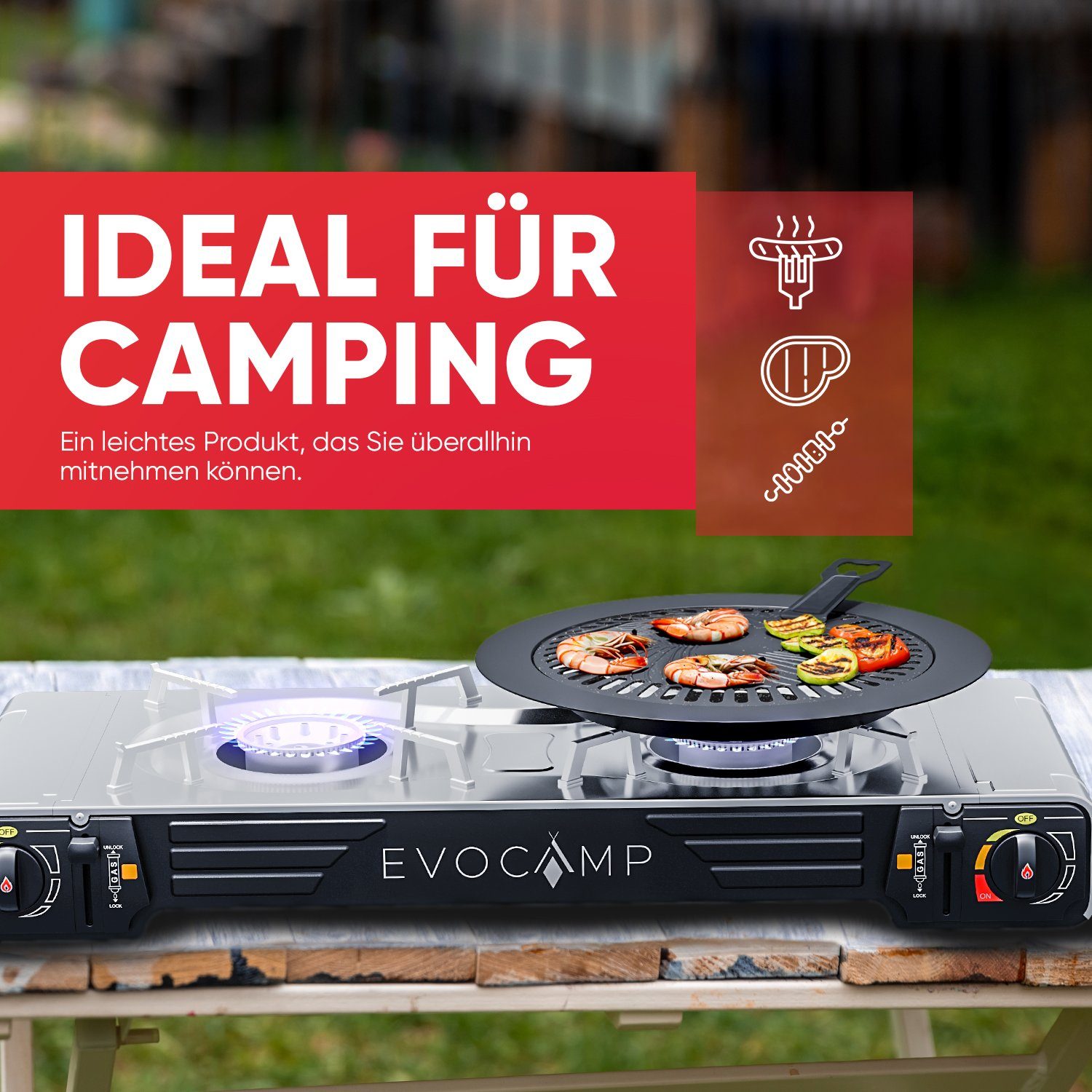 Grillpfanne für Gaskocher antihaftbeschichtete Camping für BBQ Grillplatte EVOCAMP Aufsatz