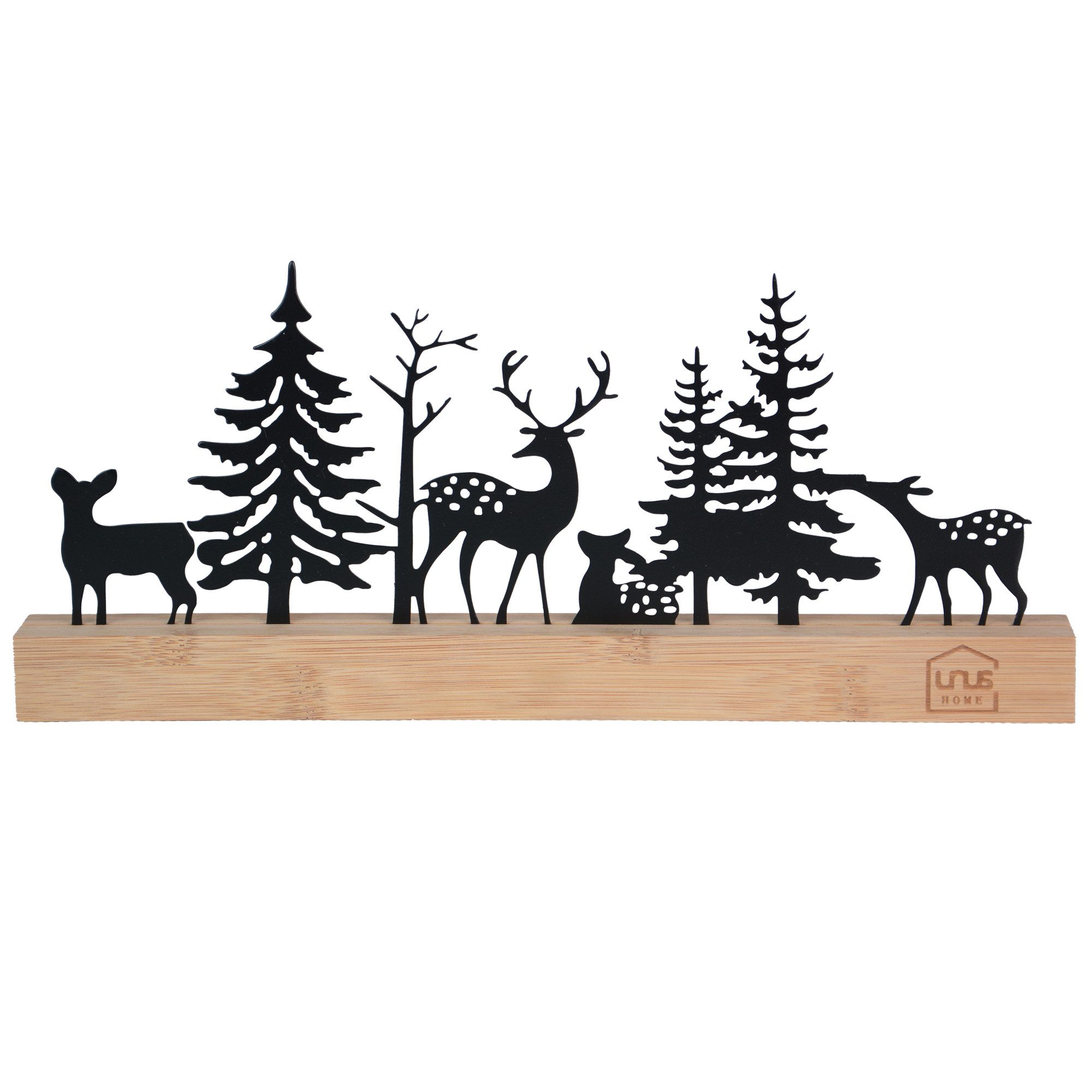 UNUS HOME Dekofigur Aufsteller Wald Hirsch, Rehe Silhouette (schwarz), Wald-Silhouette aus Metall und Bambus-Holz Wohndekoration