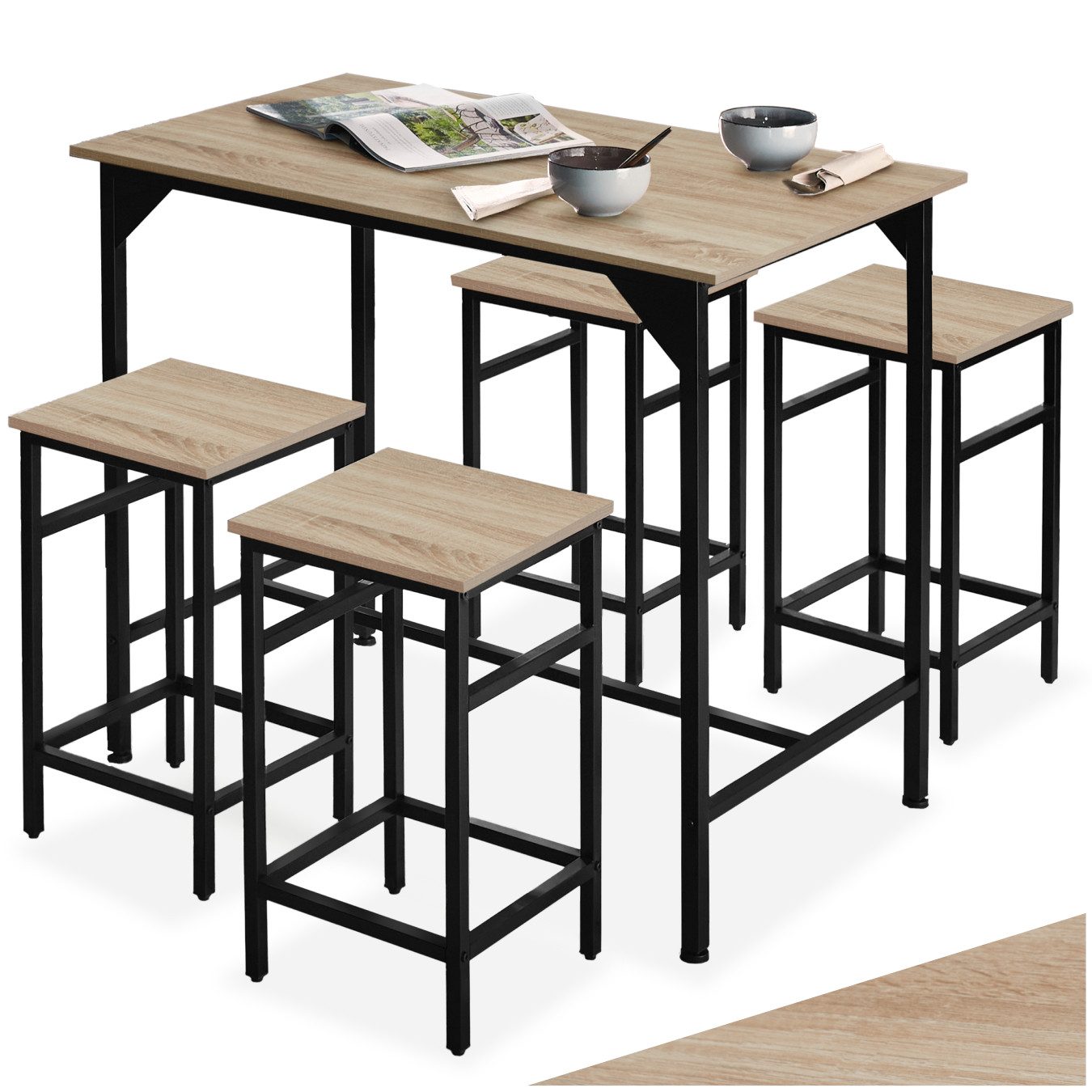 tectake Stehtisch Bistrotisch-Set, mit höhenverstellbaren Kunststofffüßen (Bartisch-Set Edinburgh, 1-St., in Industrial Holz hell, Eiche Sonoma), 5-teilig, Tisch mit 4 Hockern, Industrial Style, Holz und Stahl